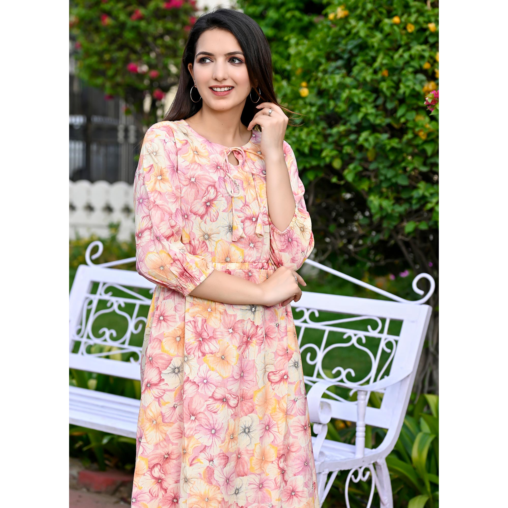 Pink Floral Printed Rayon Dress