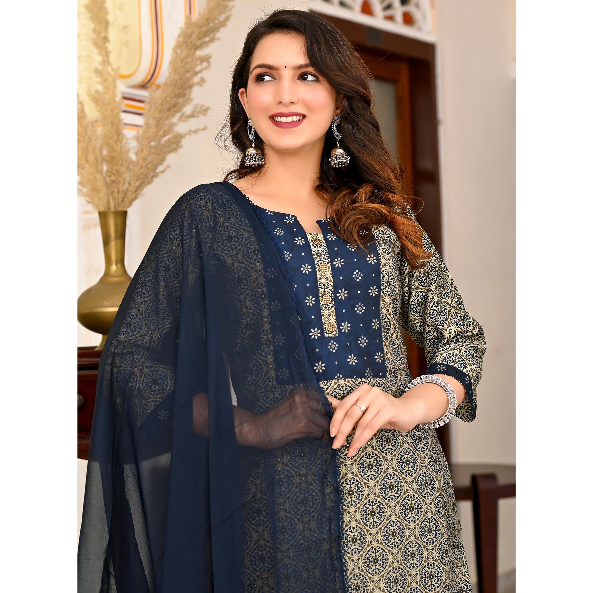 Blue Printed Chanderi Suit