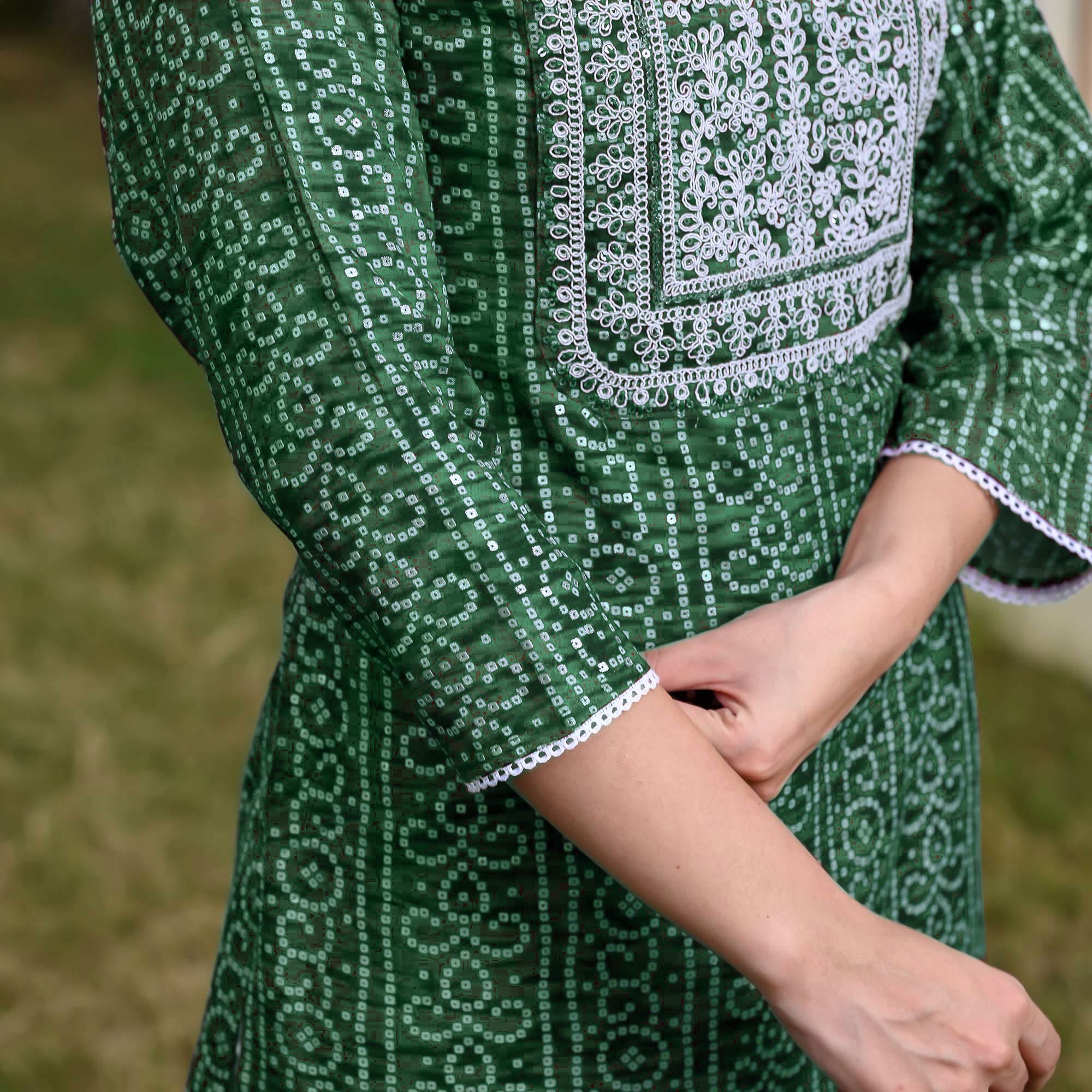 Green Foil Bandhani Printed With Embroidered Rayon Kurti