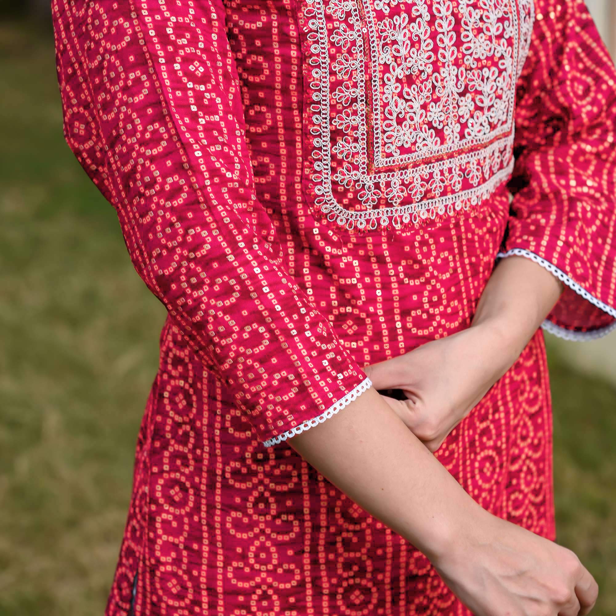 Red Foil Bandhani Printed With Embroidered Rayon Kurti