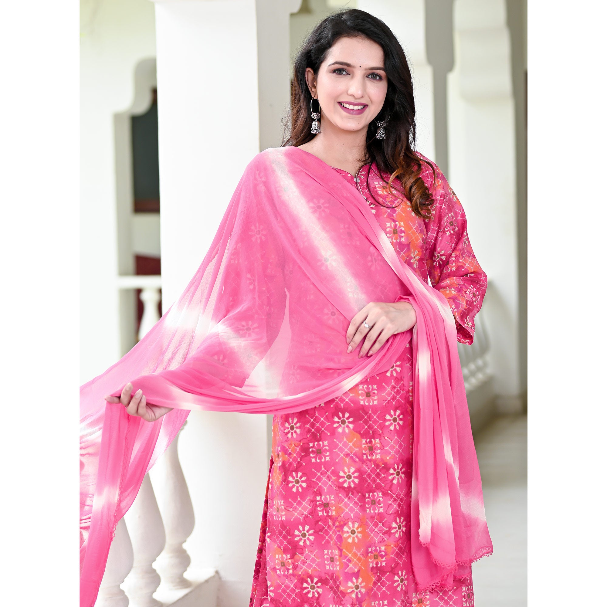 Pink Floral Printed Chanderi Suit