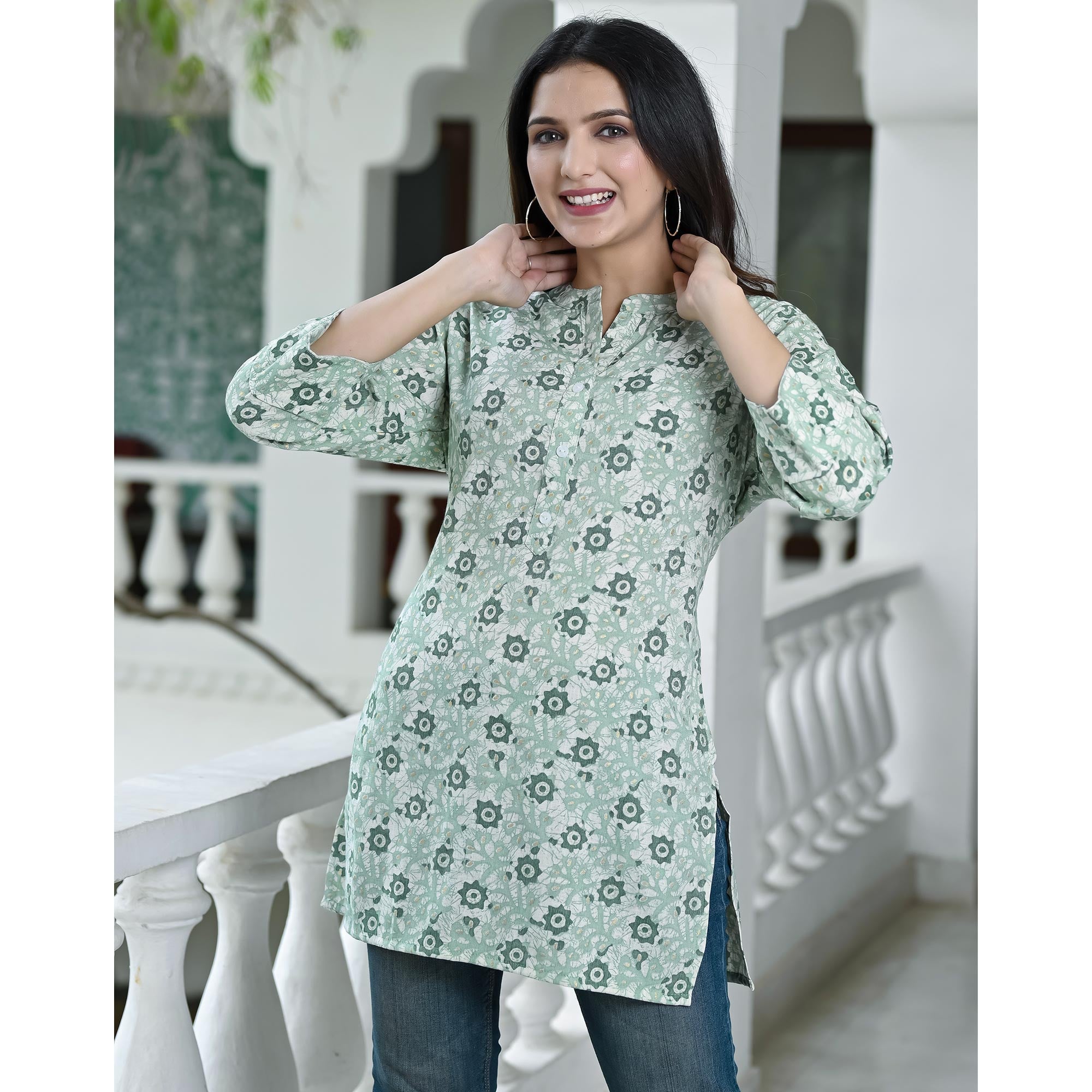 Green Floral Foil Printed Rayon Top