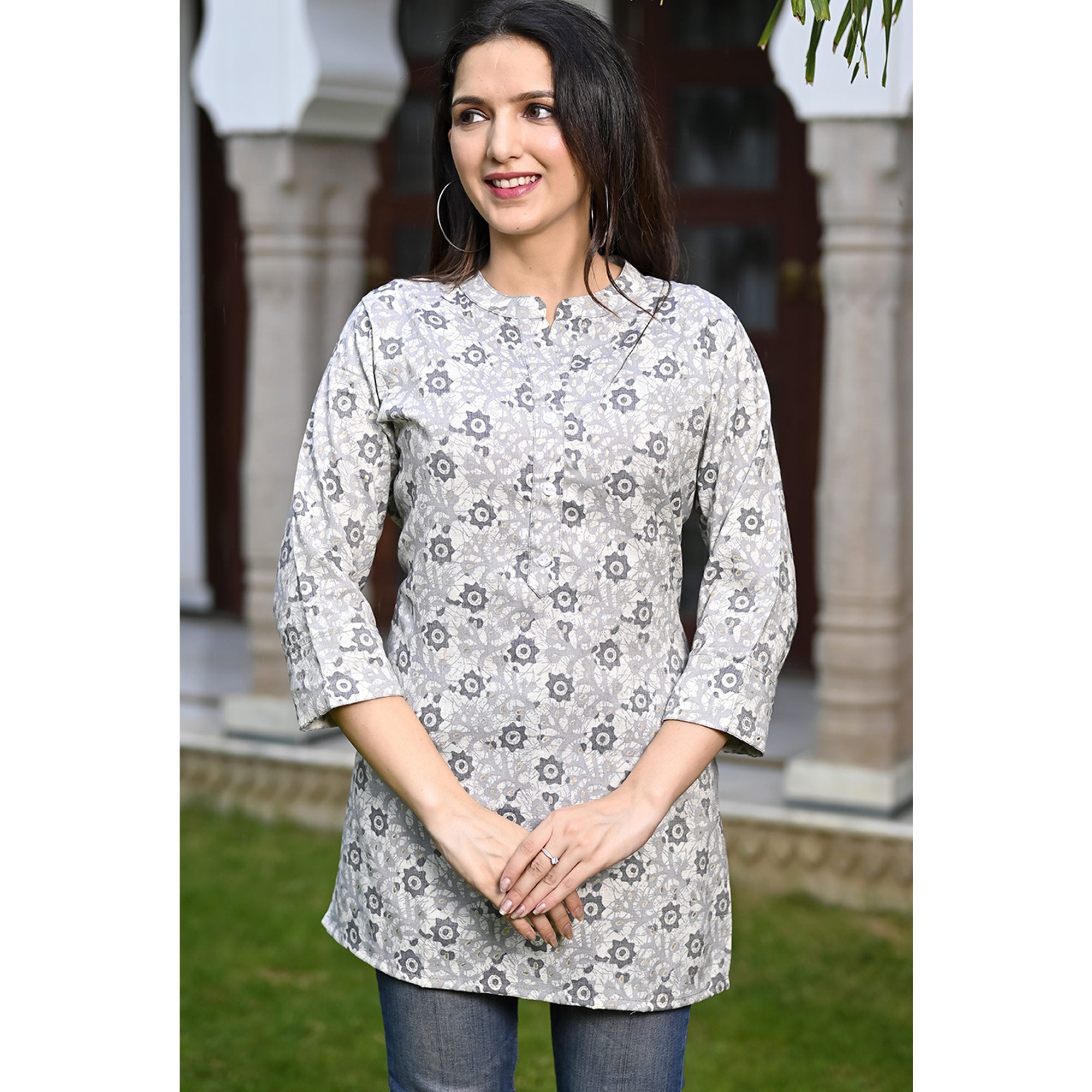 Grey Floral Foil Printed Rayon Top