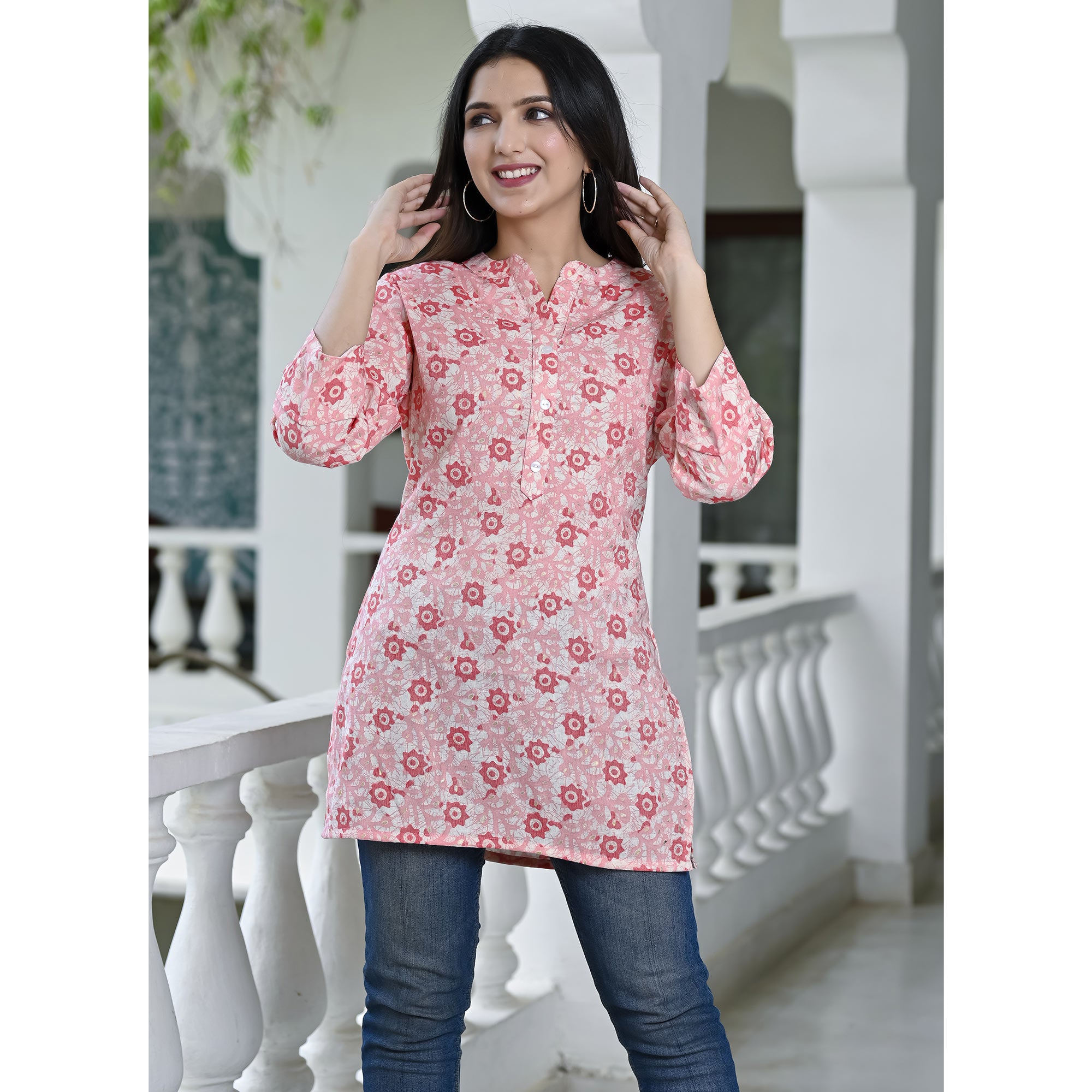 Pink Floral Foil Printed Rayon Top