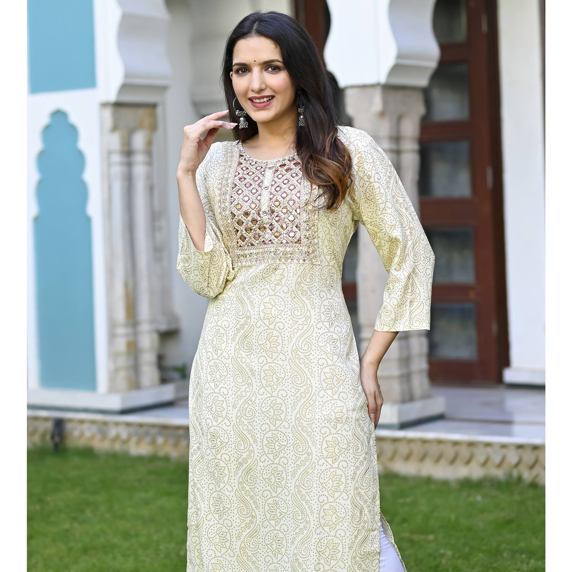 Offwhite Floral Foil Printed Rayon Kurti