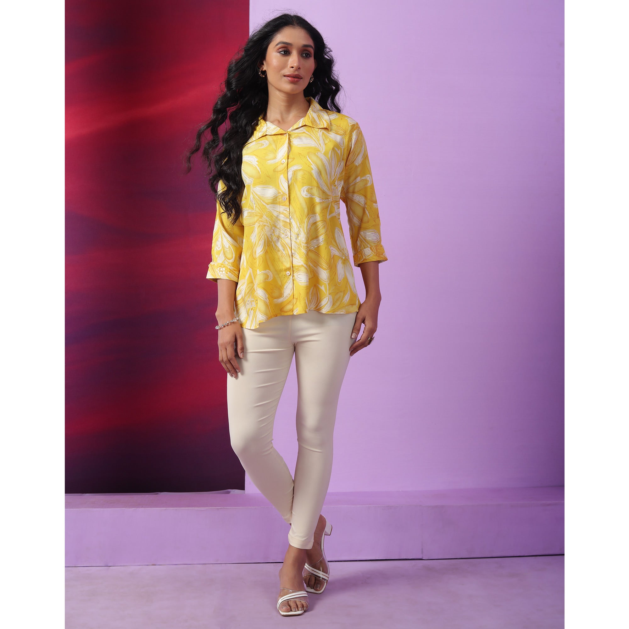 Yellow & White Floral Foil Printed Muslin Top