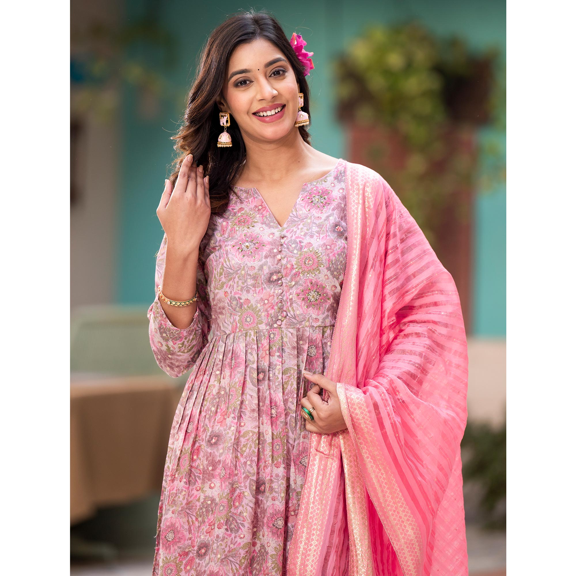 Pink Naira Cut Mulmul Cotton Suit with Handcrafted & Foil Print