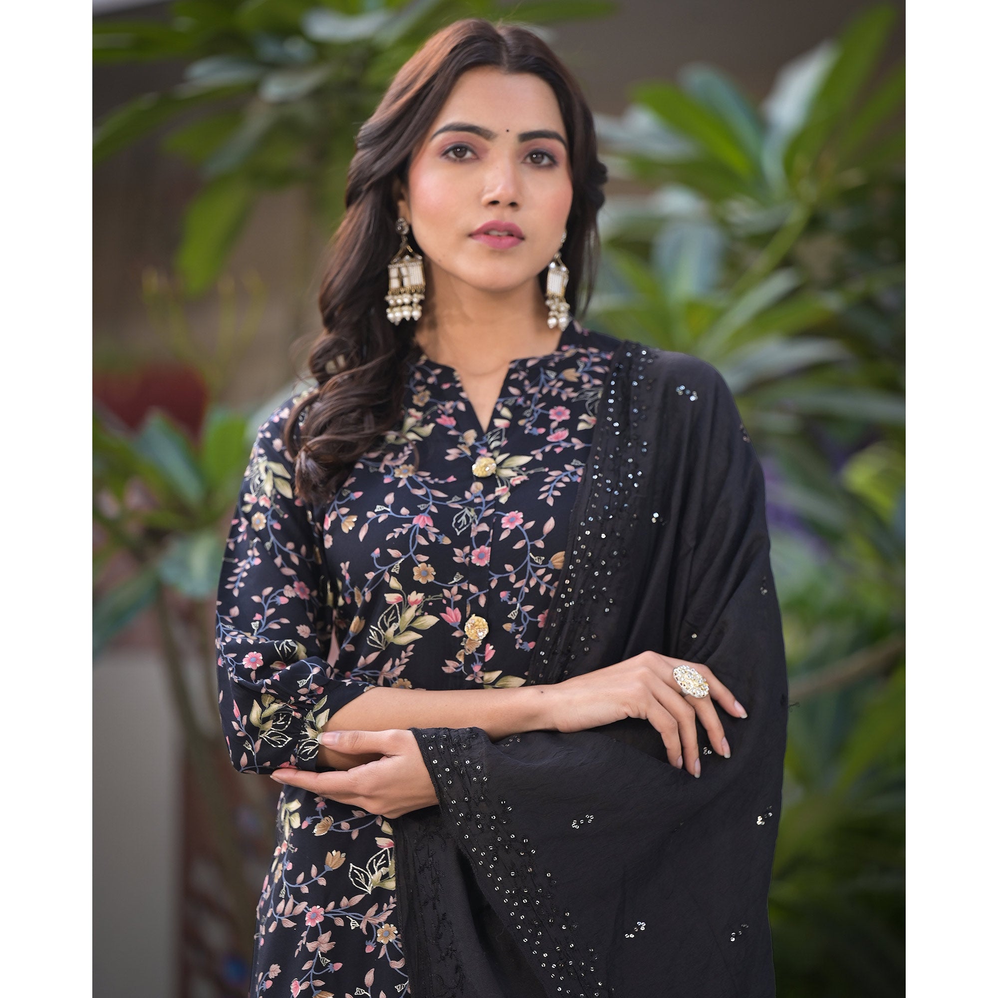 Black Floral Foil Printed Rayon Salwar Suits