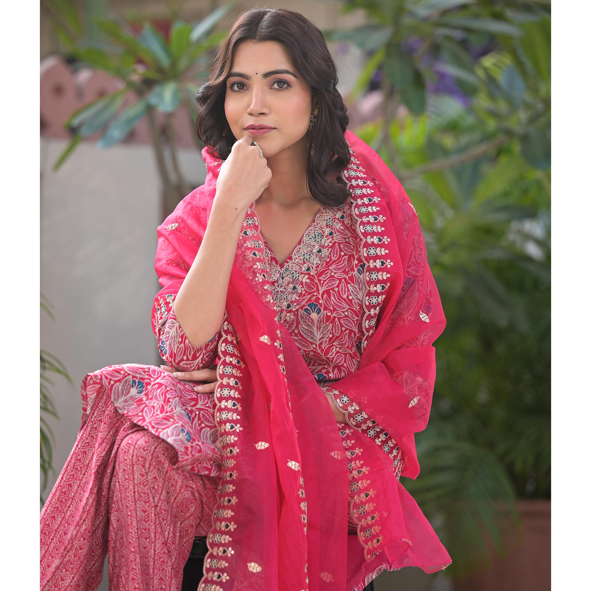 Pink Foil Printed Chanderi Straight Cut Salwar Suit