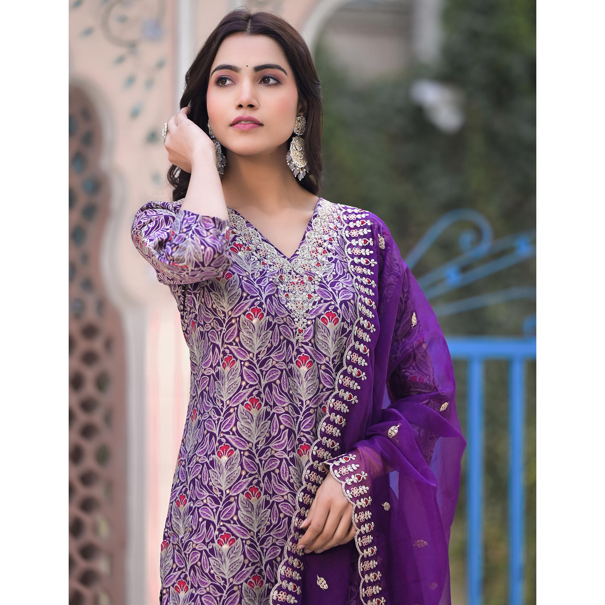 Purple Foil Printed Chanderi Straight Cut Salwar Suit