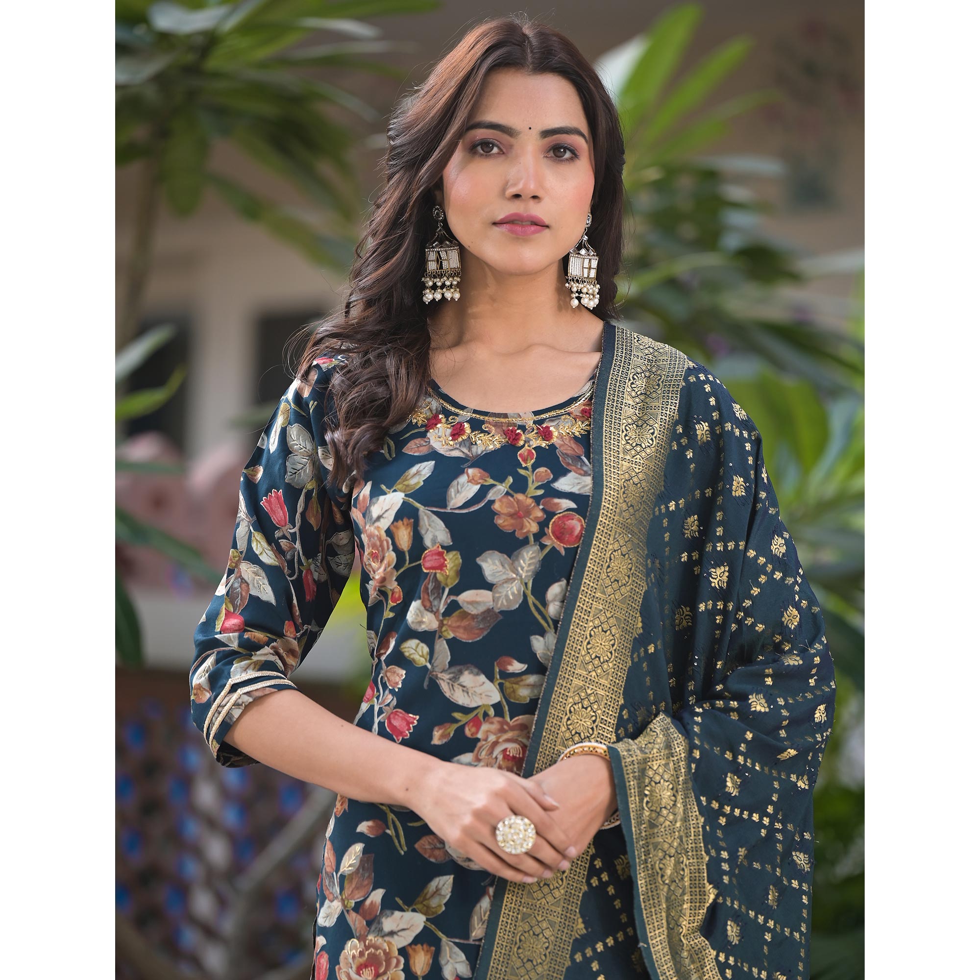 Green Floral Foil Printed Rayon Sharara Suit With Handcrafted