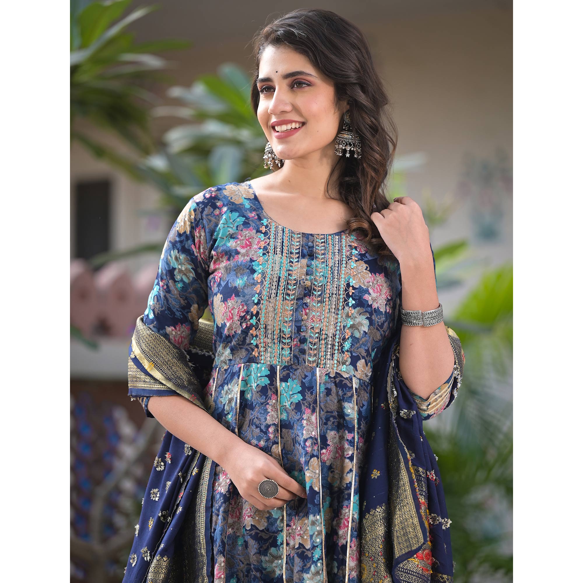 Navy Blue Floral Foil Printed Chanderi Silk Anarkali Salwar Suit