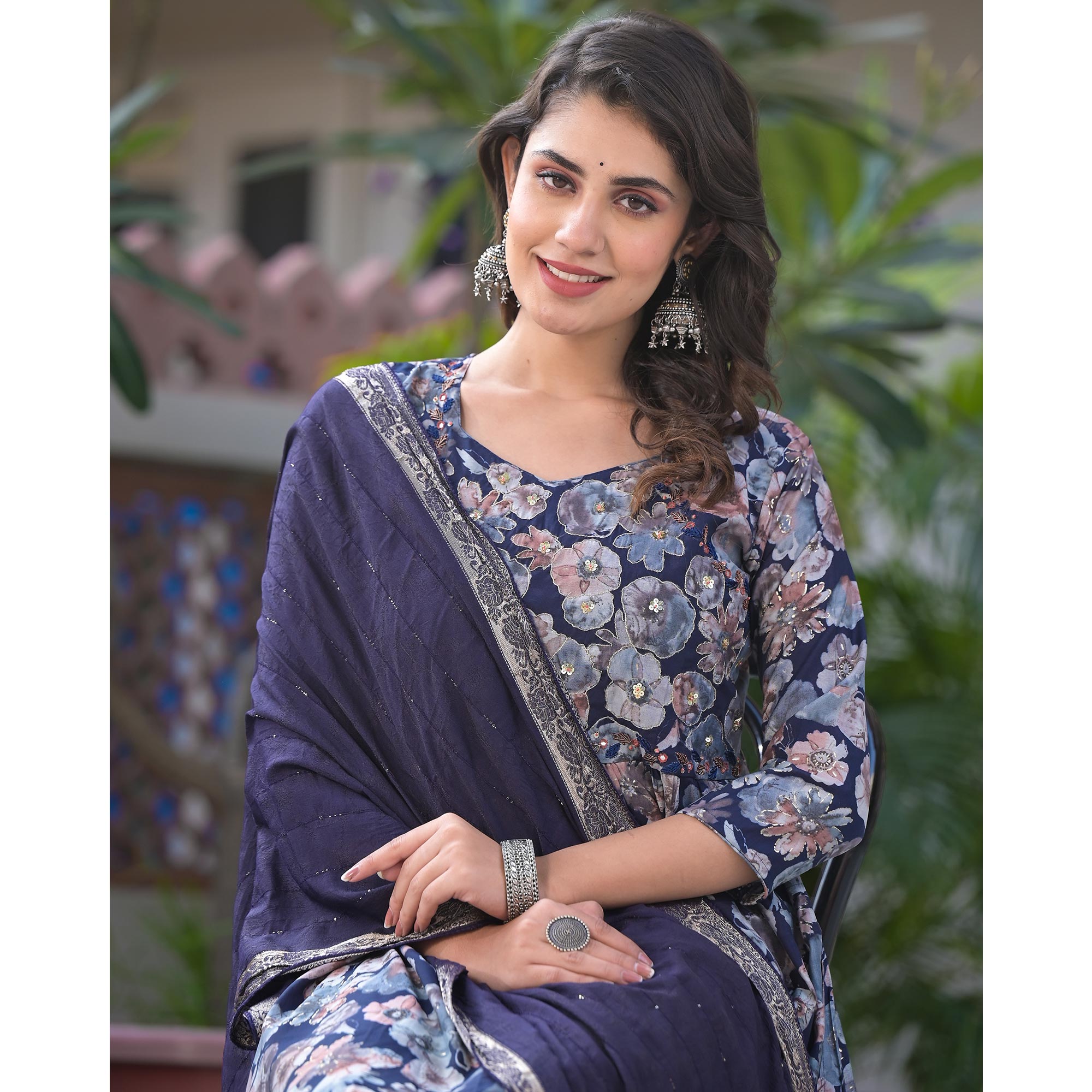 Navy Blue Floral Printed Chanderi Silk Salwar Suit With Handcrafted