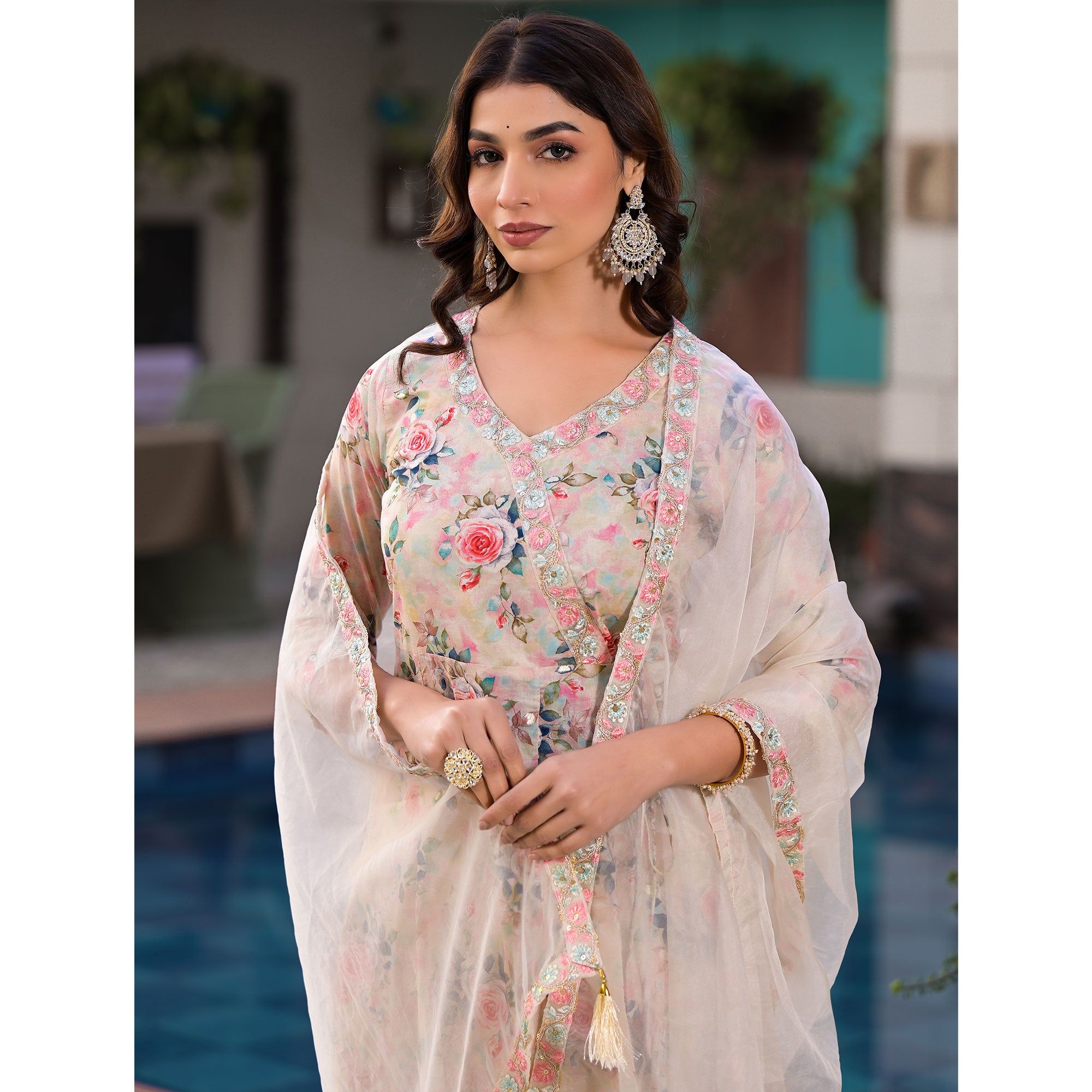 Cream Floral Printed Pure Cotton Anarkali Salwar Suit