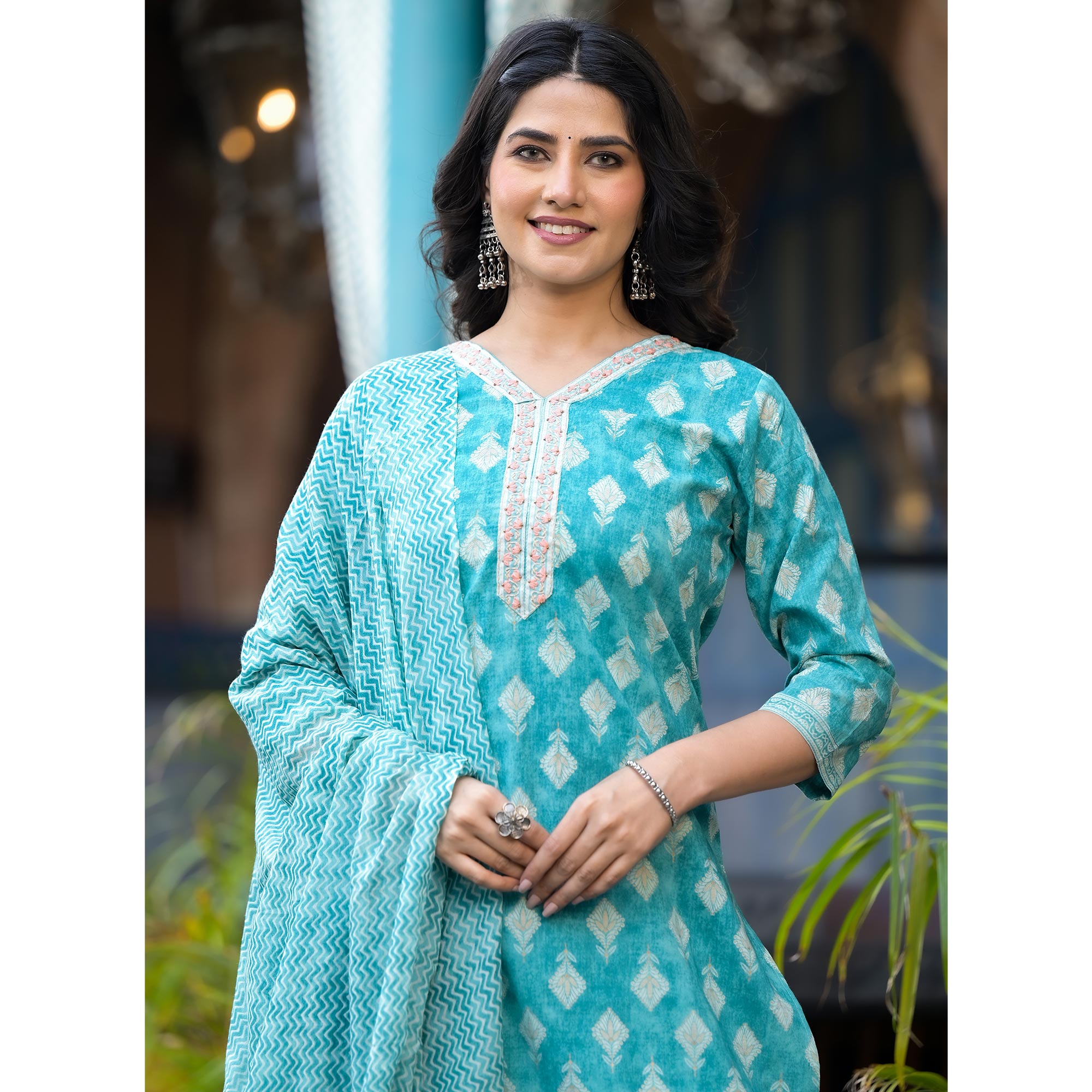 Turquoise Printed Pure Cotton Salwar Suit With Handcrafted
