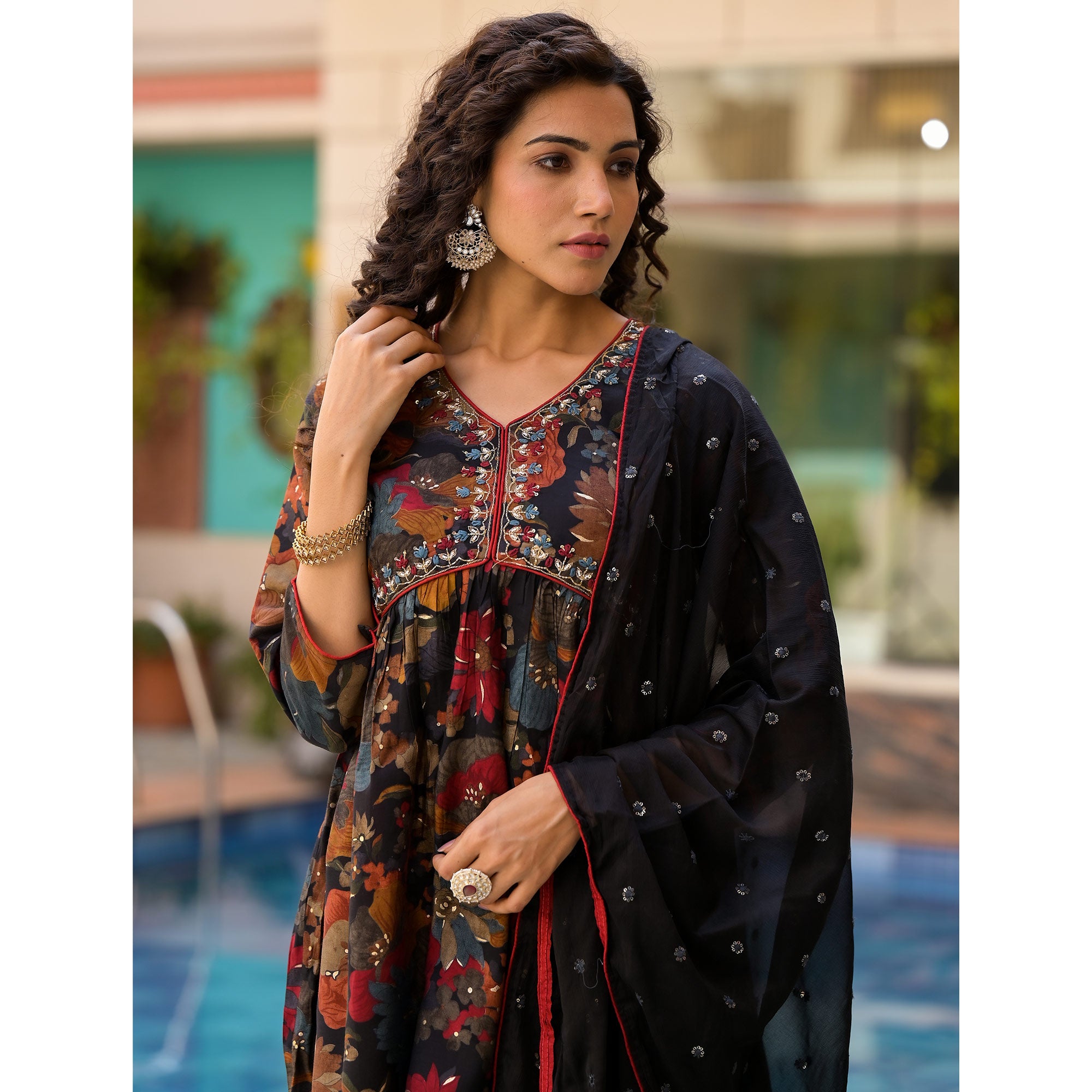 Black Floral Foil Printed Chanderi Silk Sharara Suit