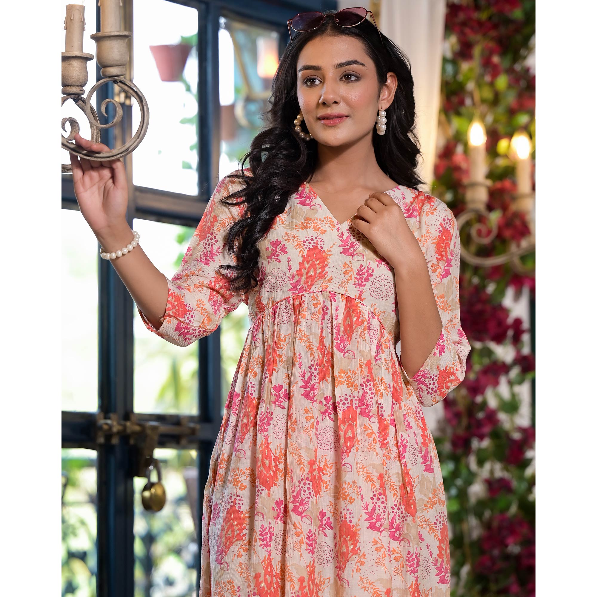 Off White Printed A-Line Chiffon Dress