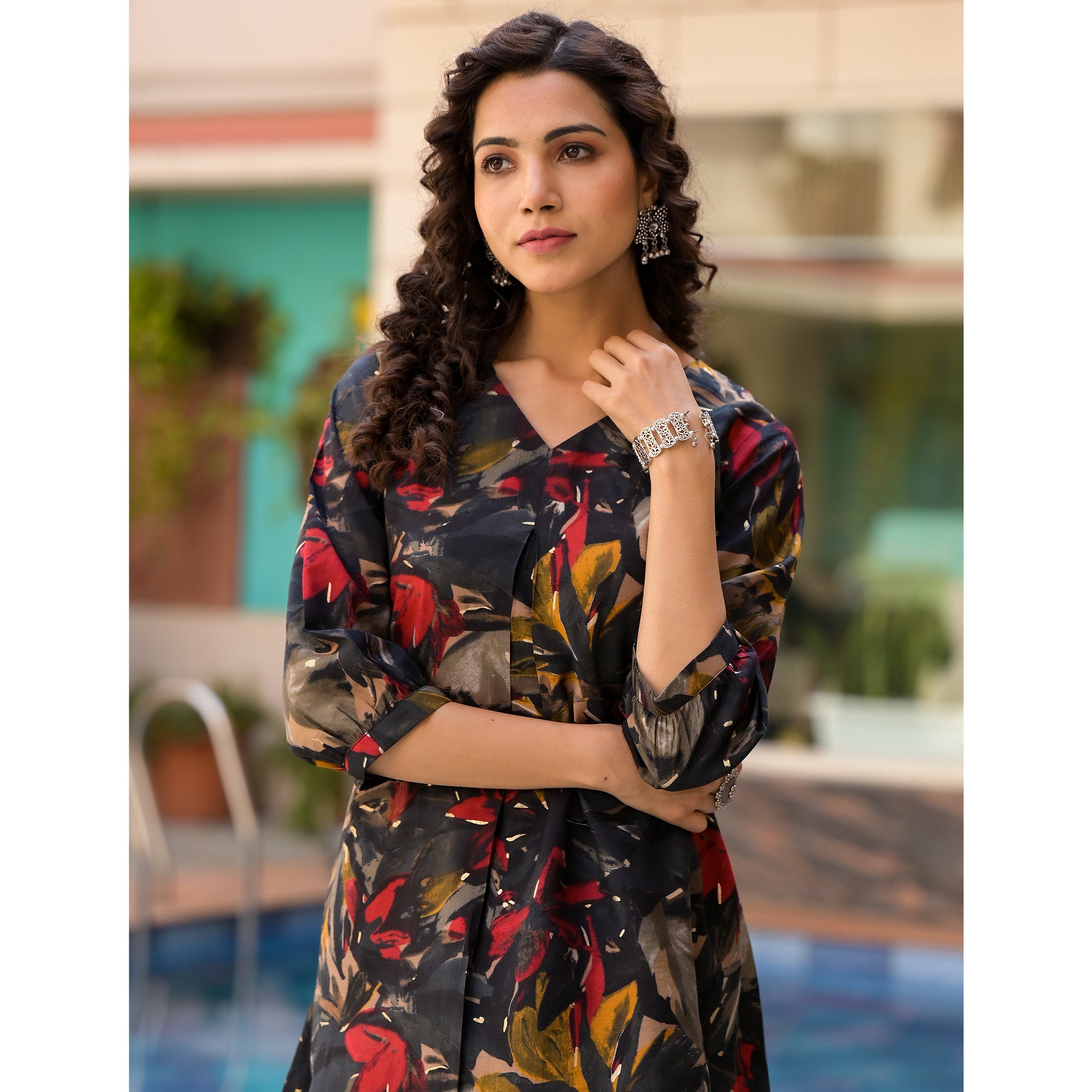 Black Floral Printed Chanderi Silk Co Ord Set