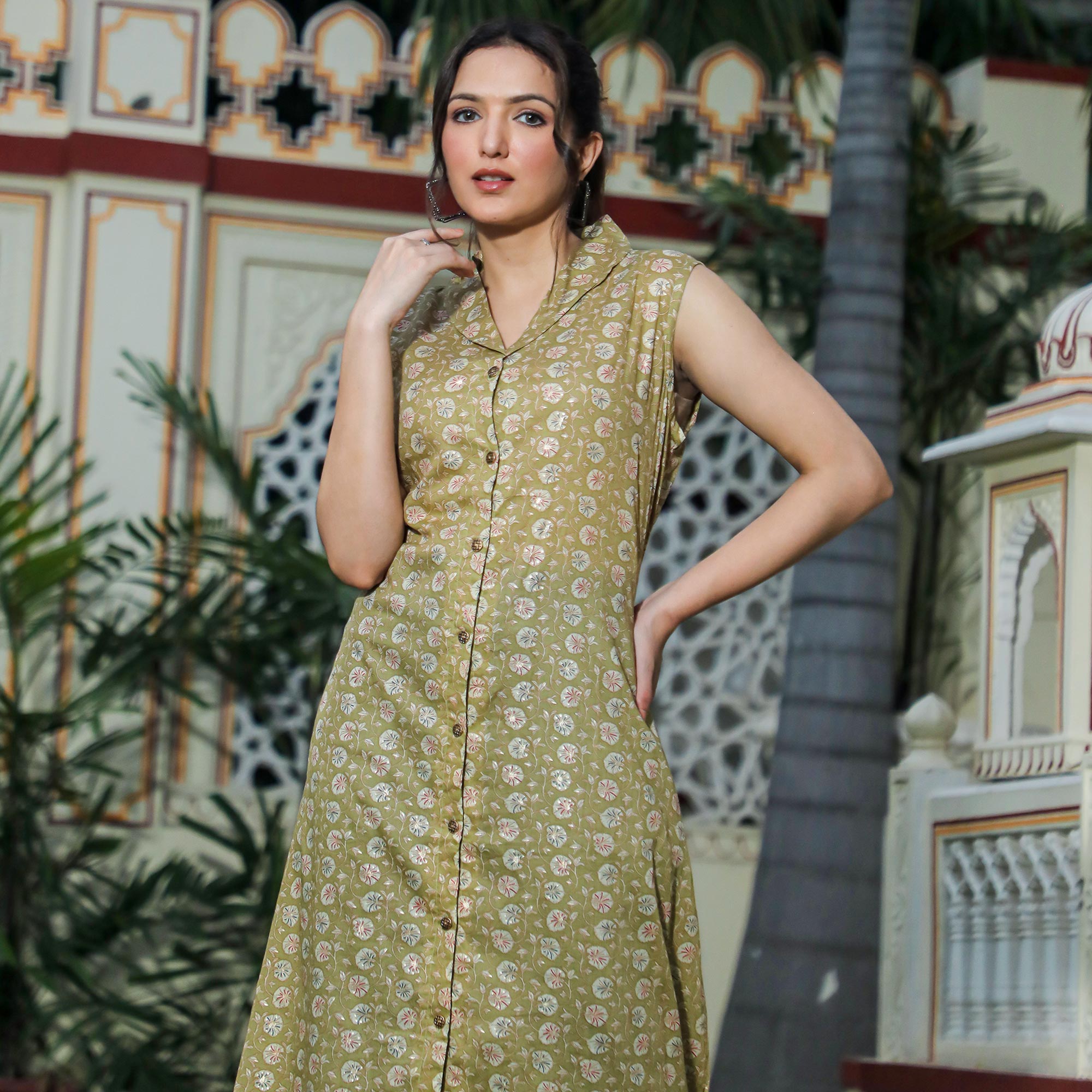 Green Floral Foil Printed Pure Cotton Kurti