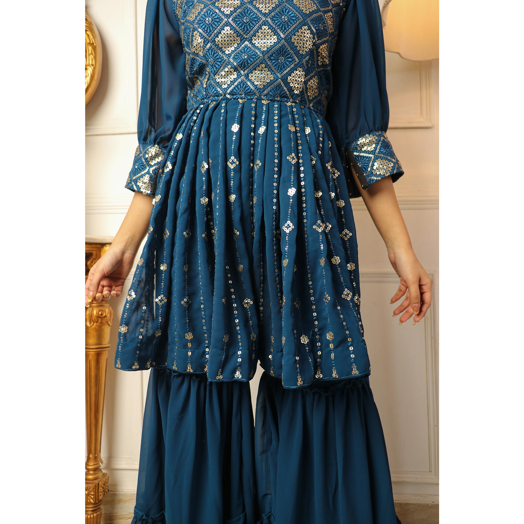 Blue Sequins Embroidered Georgette Sharara Suit