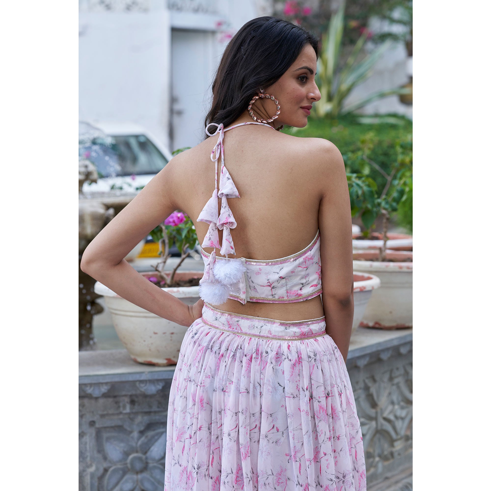 Pink & White Floral Printed Georgette Crop Top Lehenga