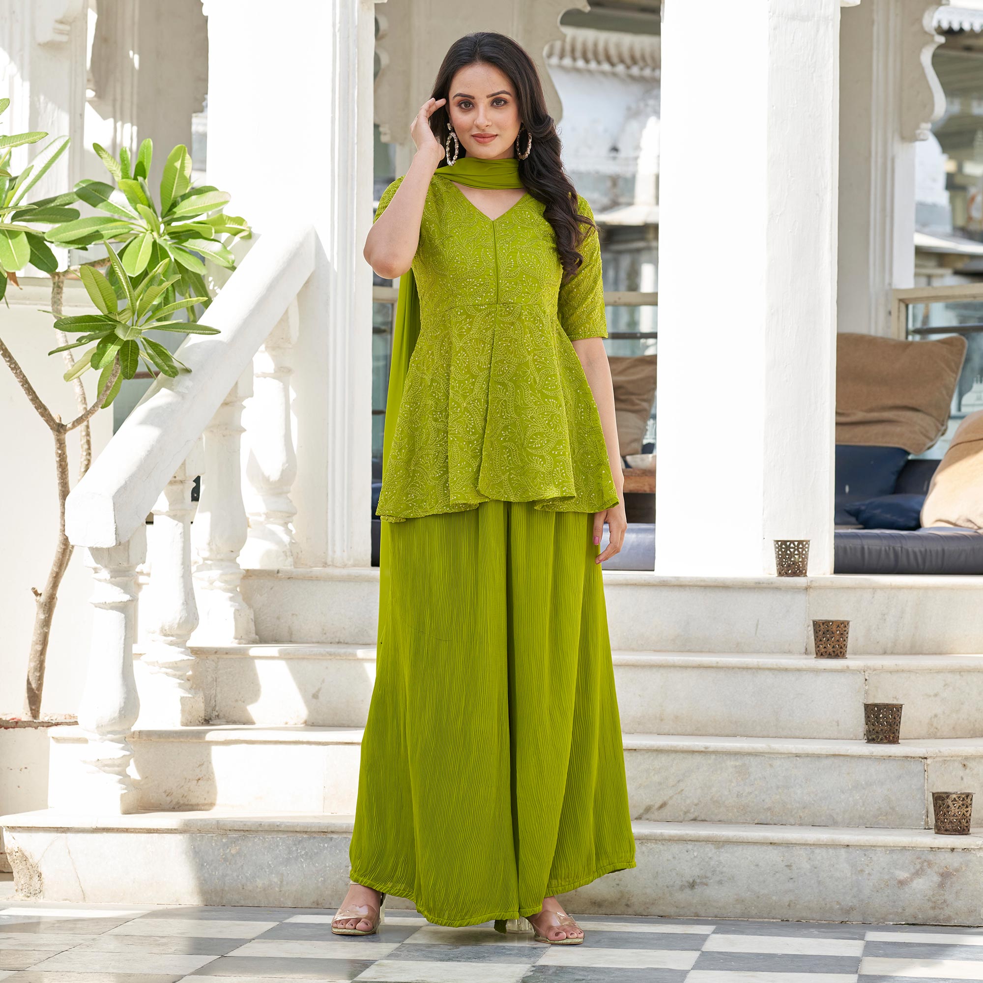 Green Sequins Embroidered Georgette Palazzo Suit