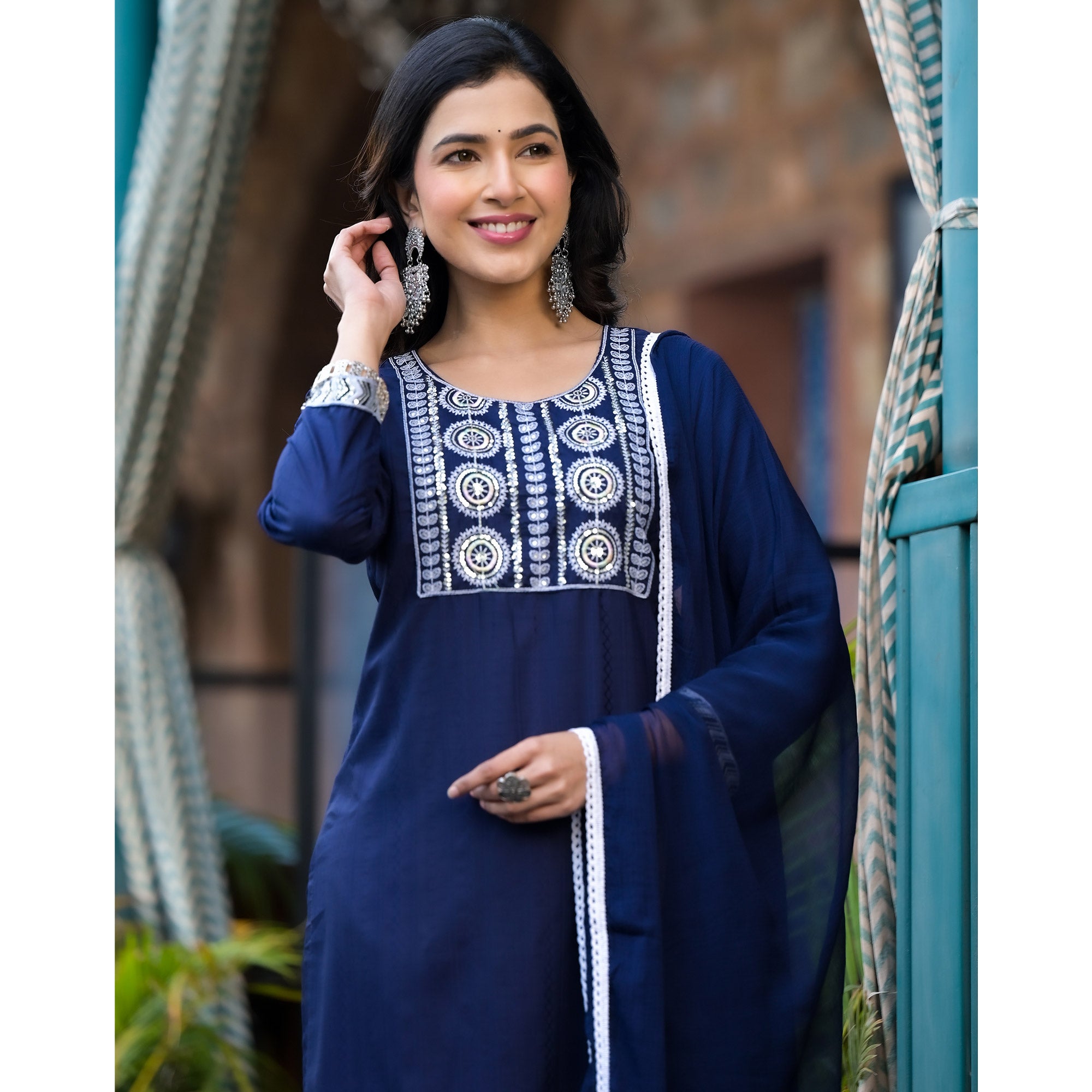 Navy Blue Embroidered Pure Cotton Straight Salwar Suit