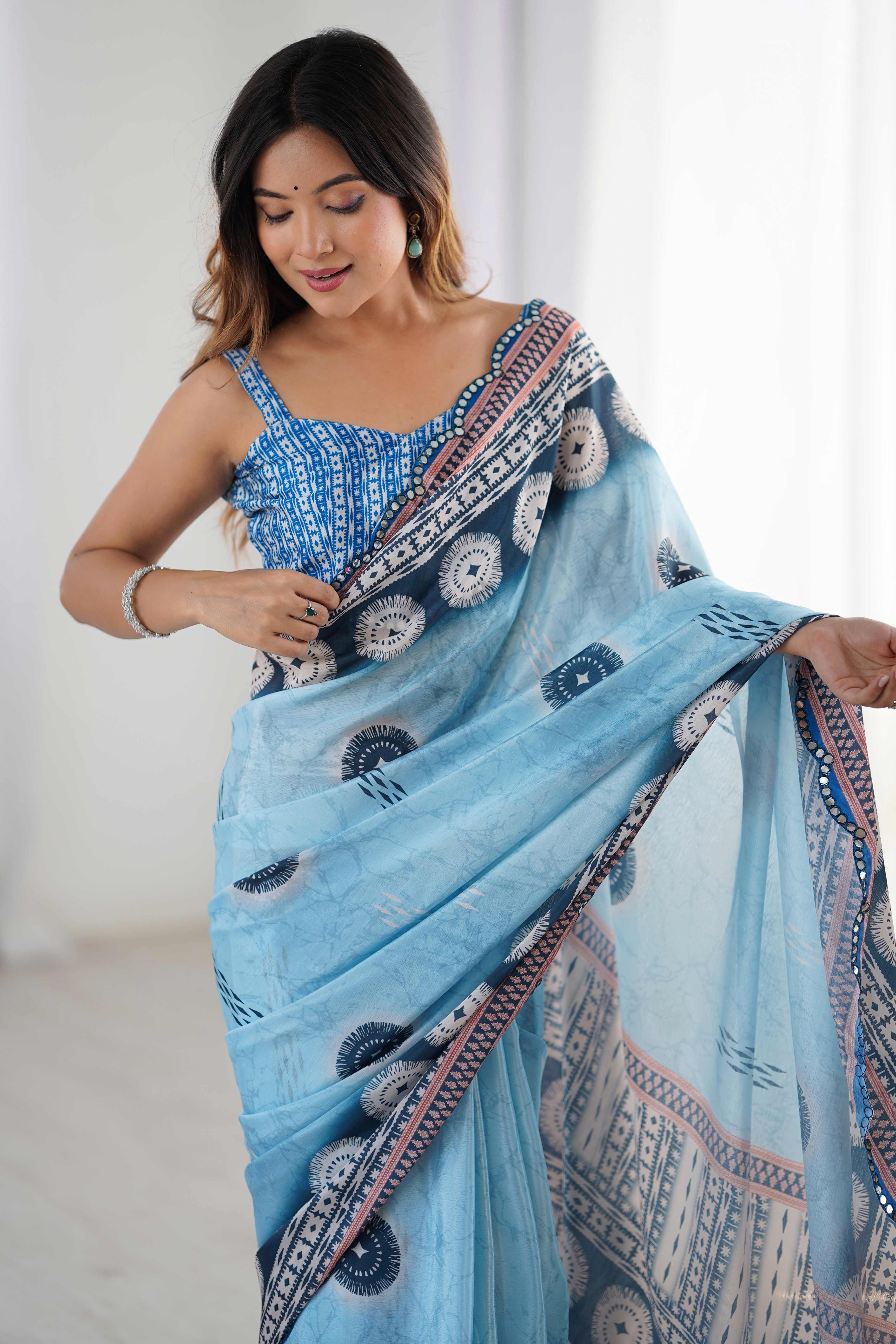 Sky Blue Floral Printed Chinon Saree with Shimmering Mirror Detailing