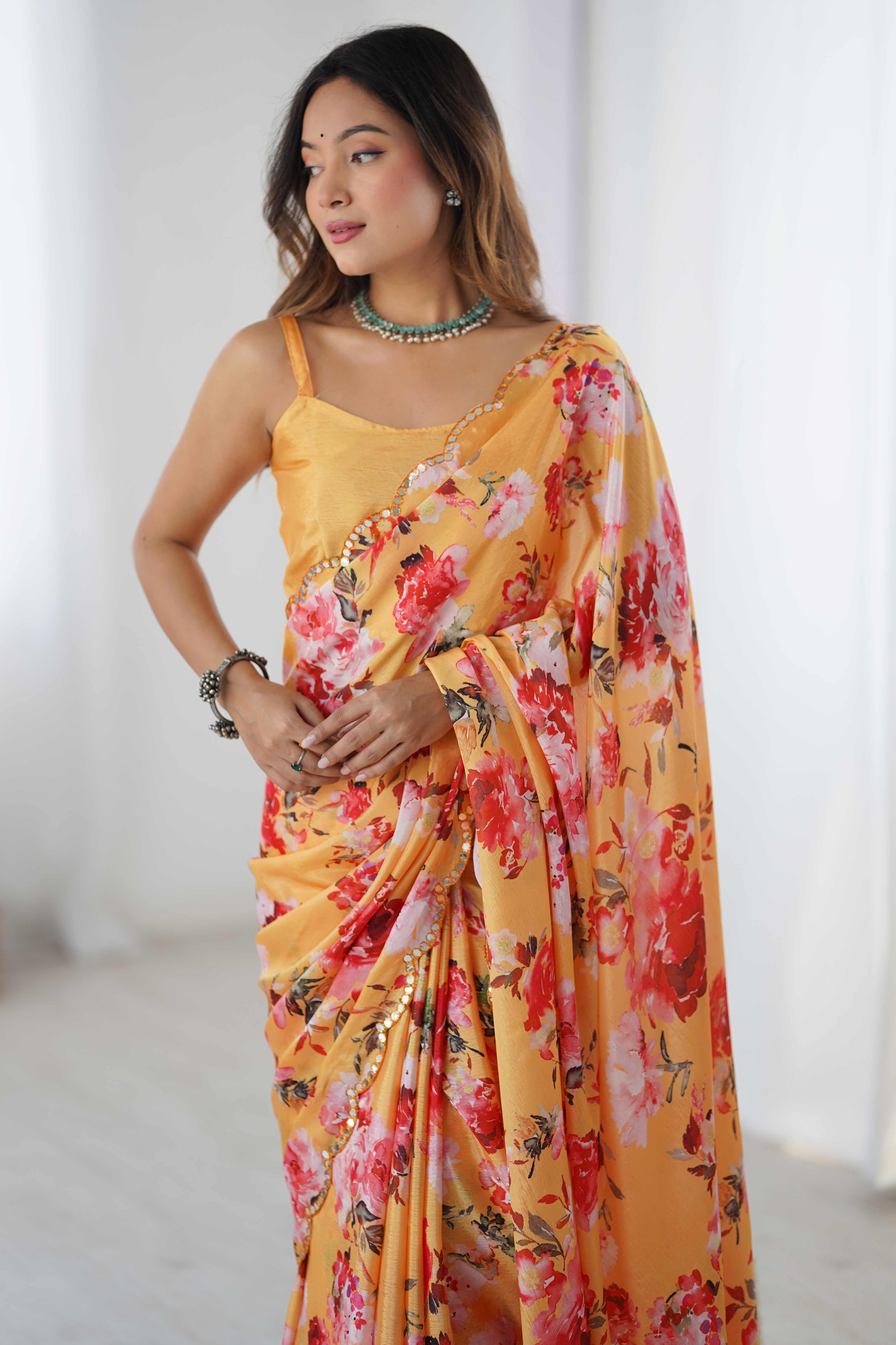 Orange Floral Printed Chinon Saree with Shimmering Mirror Detailing