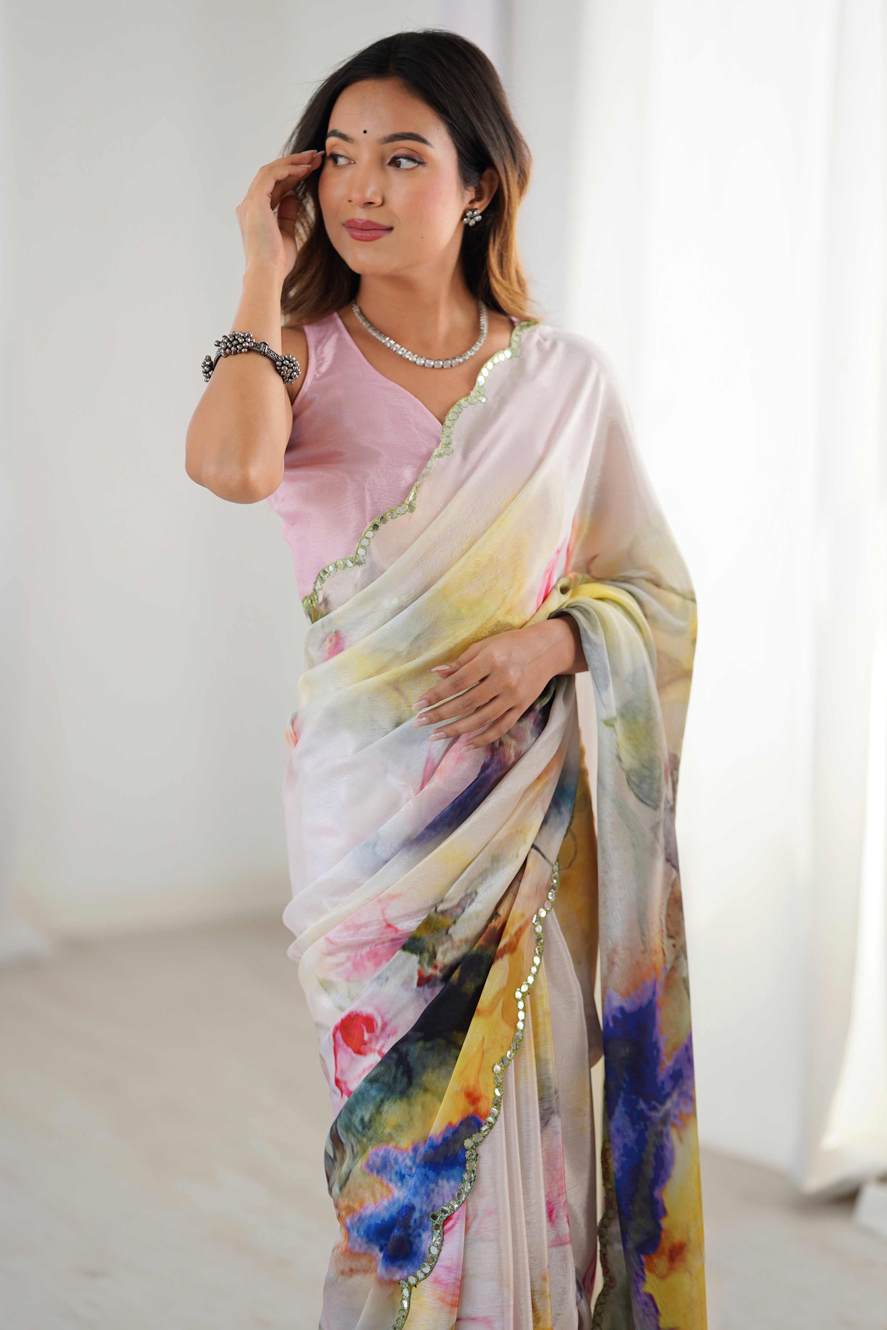 White Floral Printed Chinon Saree with Shimmering Mirror Detailing