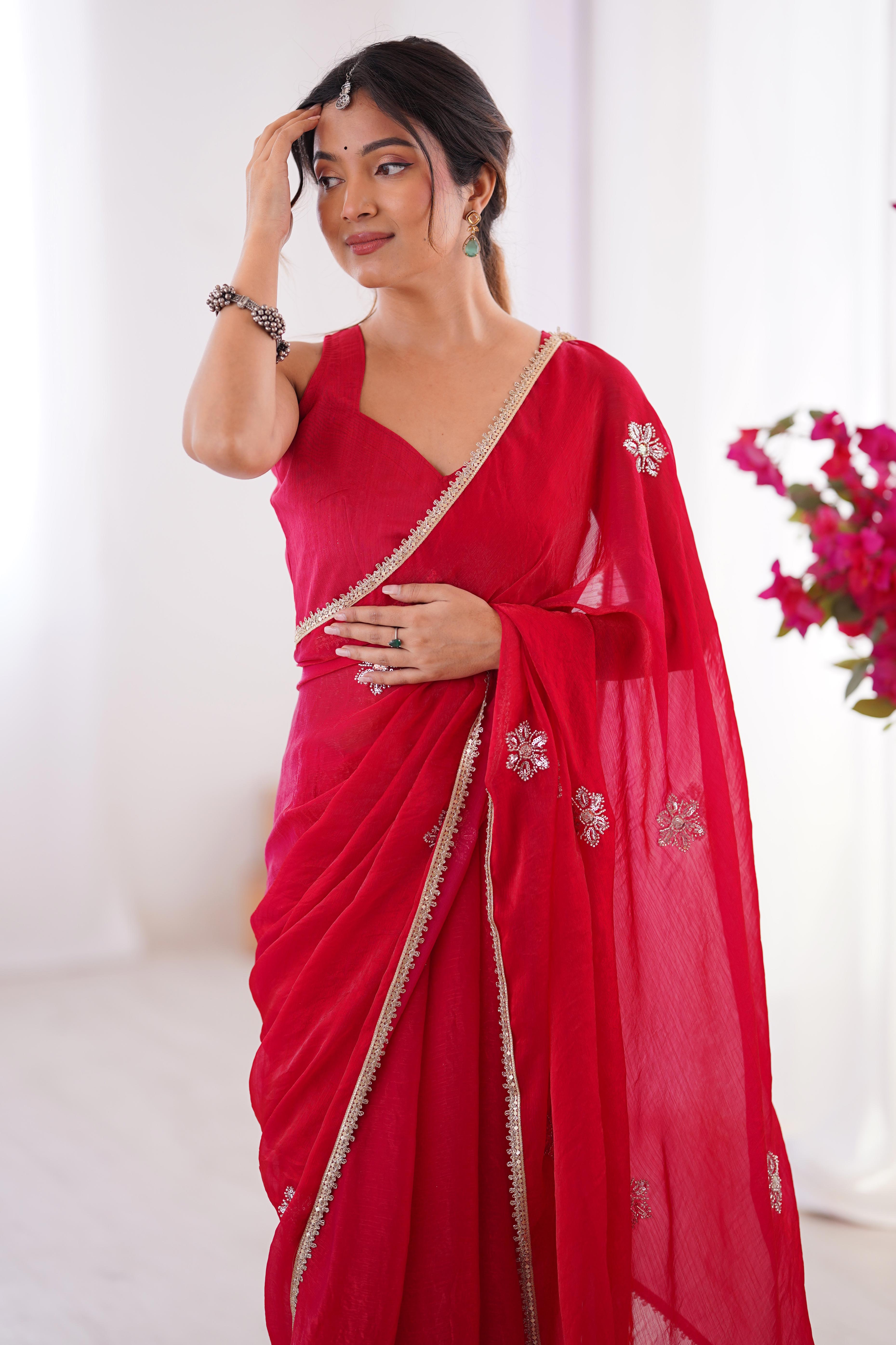 Red Organza Saree Embellished with Intricate Floral Work and Elegant Lace Detailing