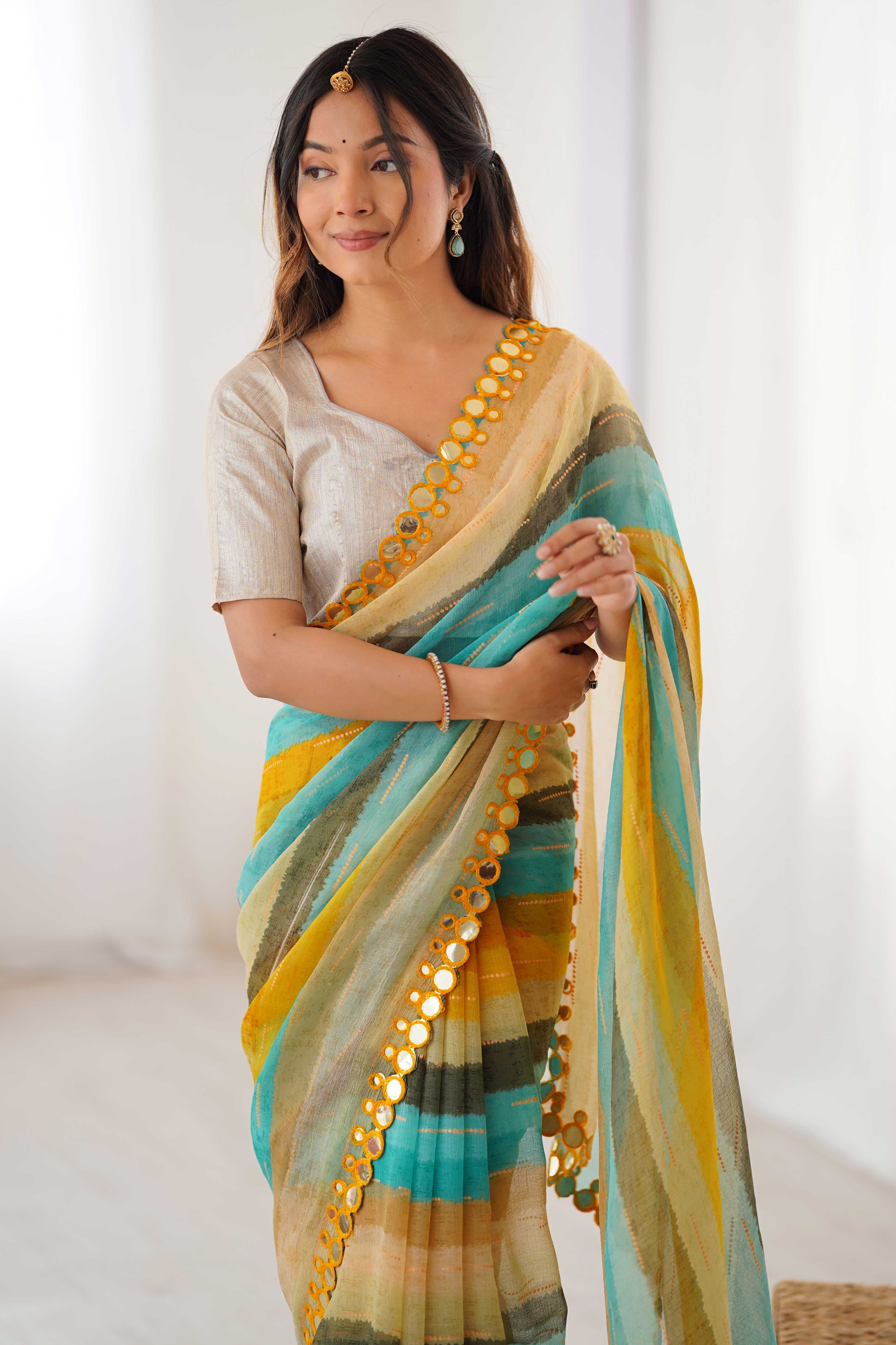 Soft Chiffon Yellow Saree Featuring Classic Leheriya and Mirror Work Edges