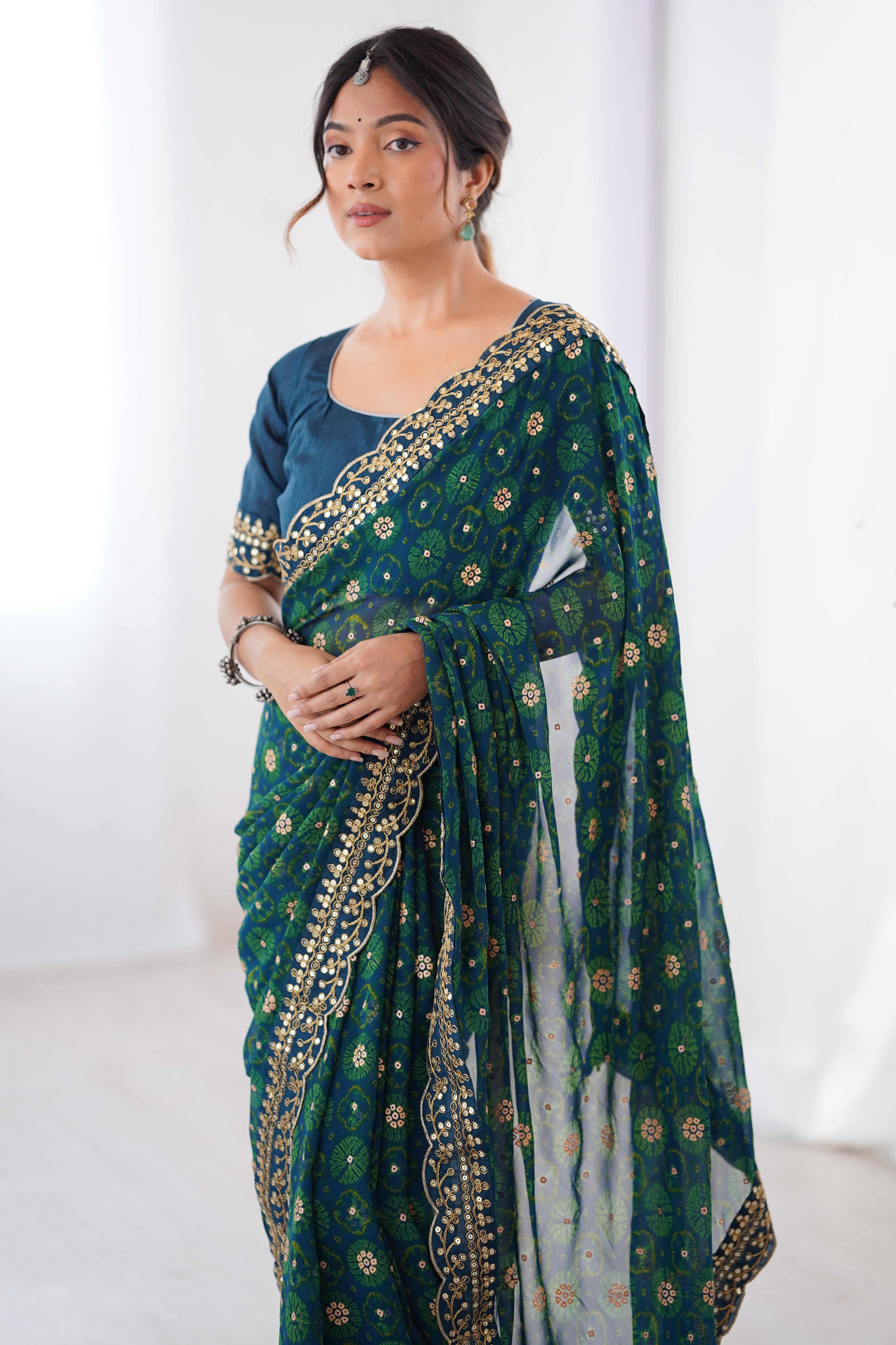 Soft Georgette Blue Saree with Playful Print and Delicate Sequin Lace Work