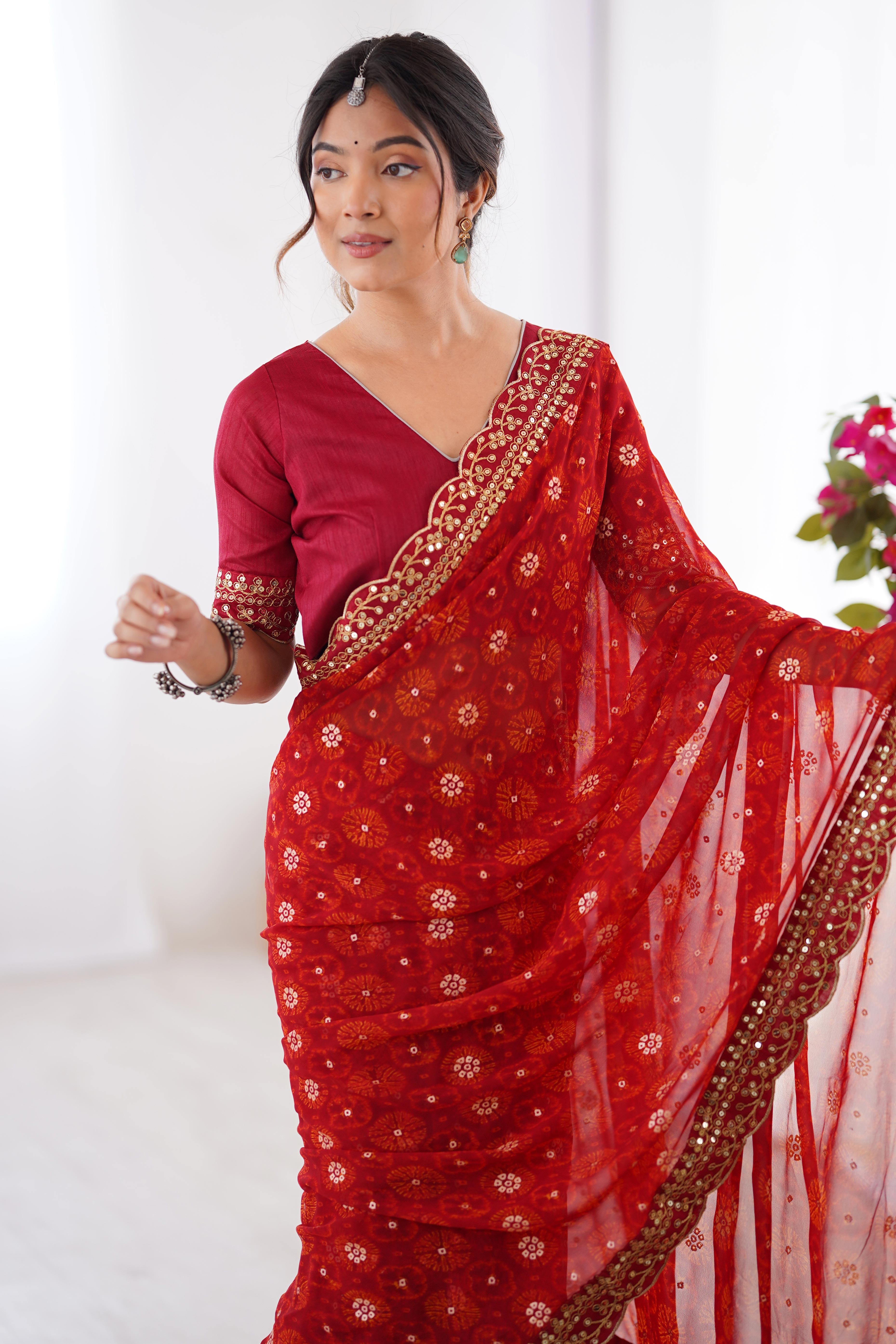 Soft Georgette Red Saree with Playful Print and Delicate Sequin Lace Work
