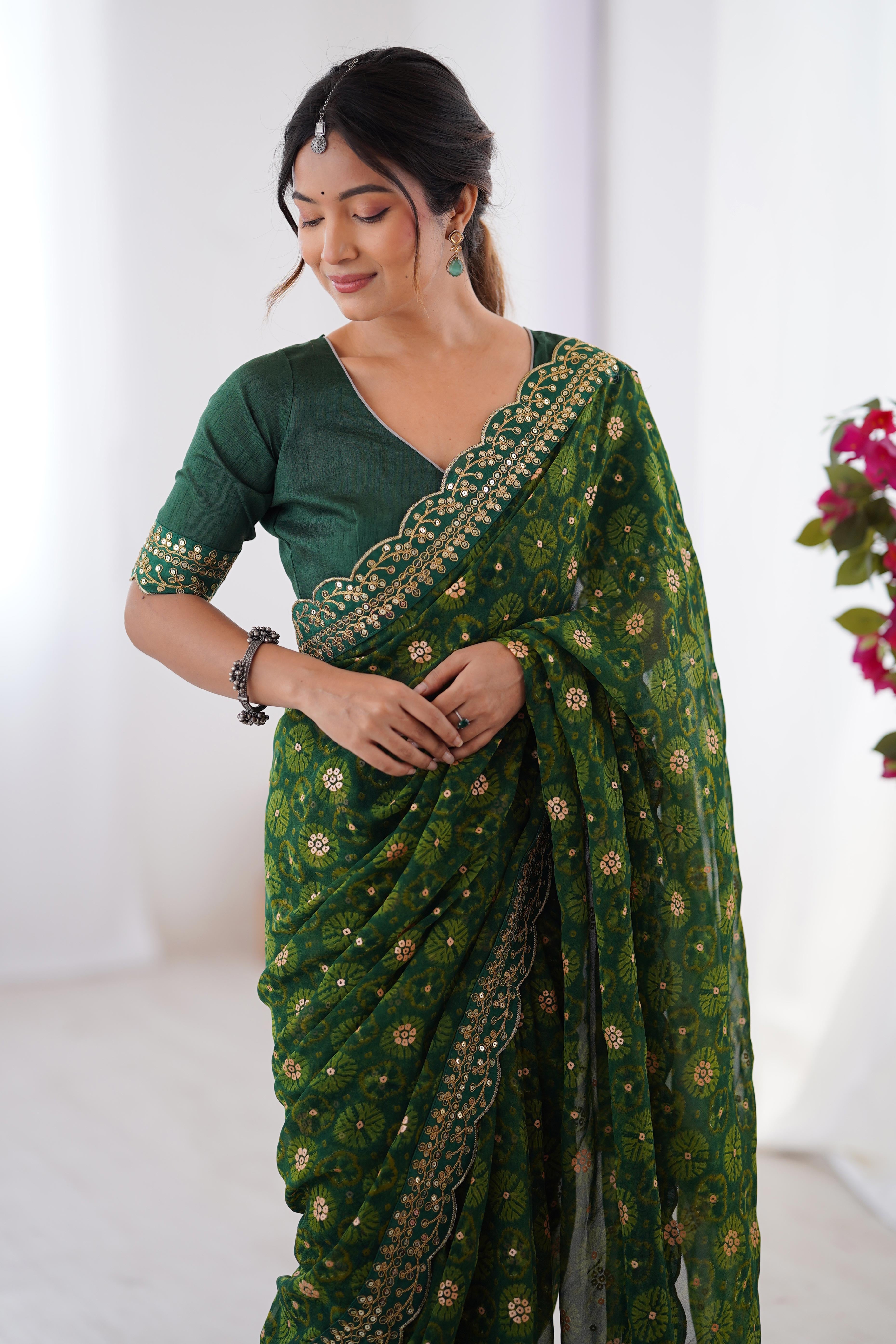 Soft Georgette Green Saree with Playful Print and Delicate Sequin Lace Work