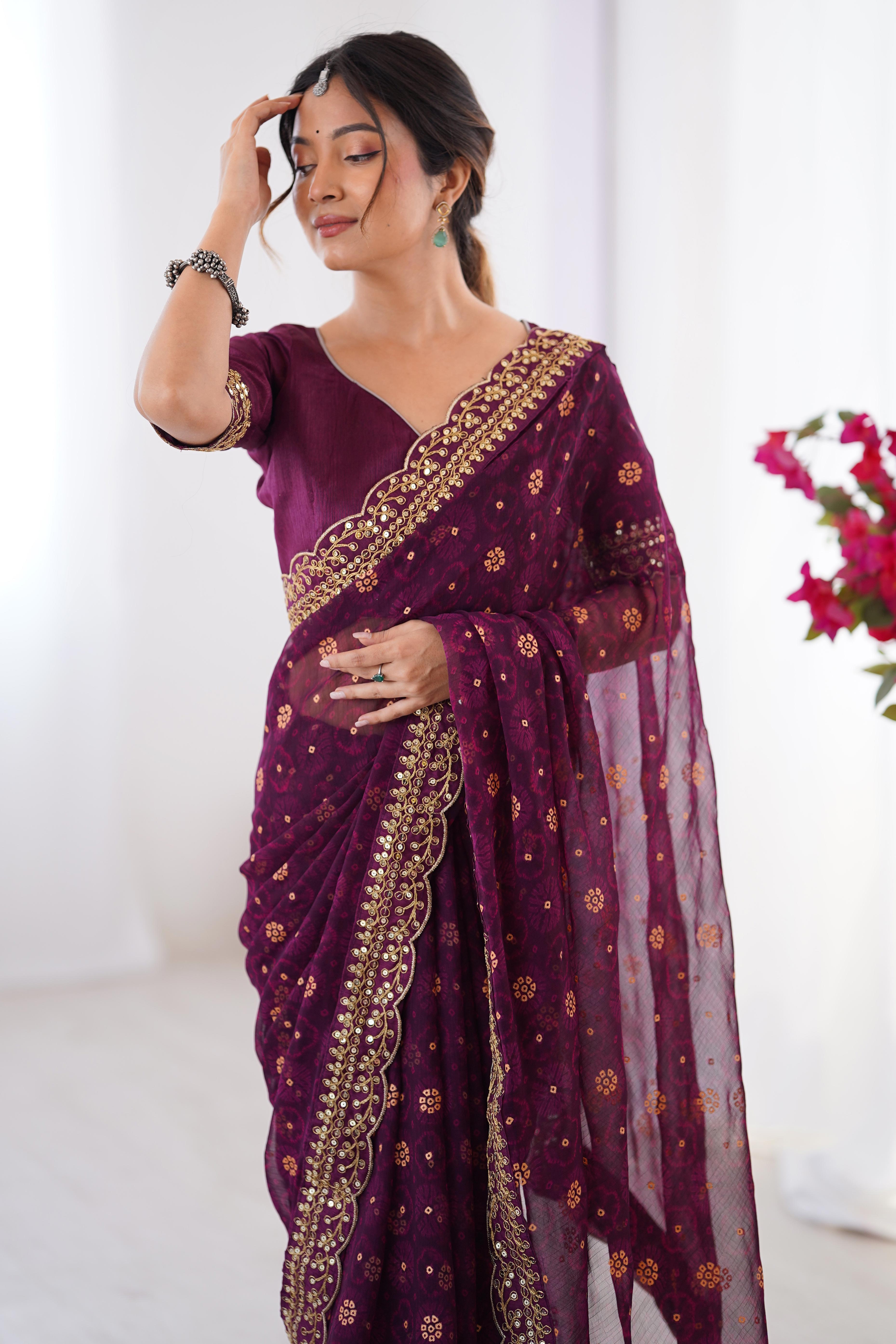 Soft Georgette Wine Saree with Playful Print and Delicate Sequin Lace Work