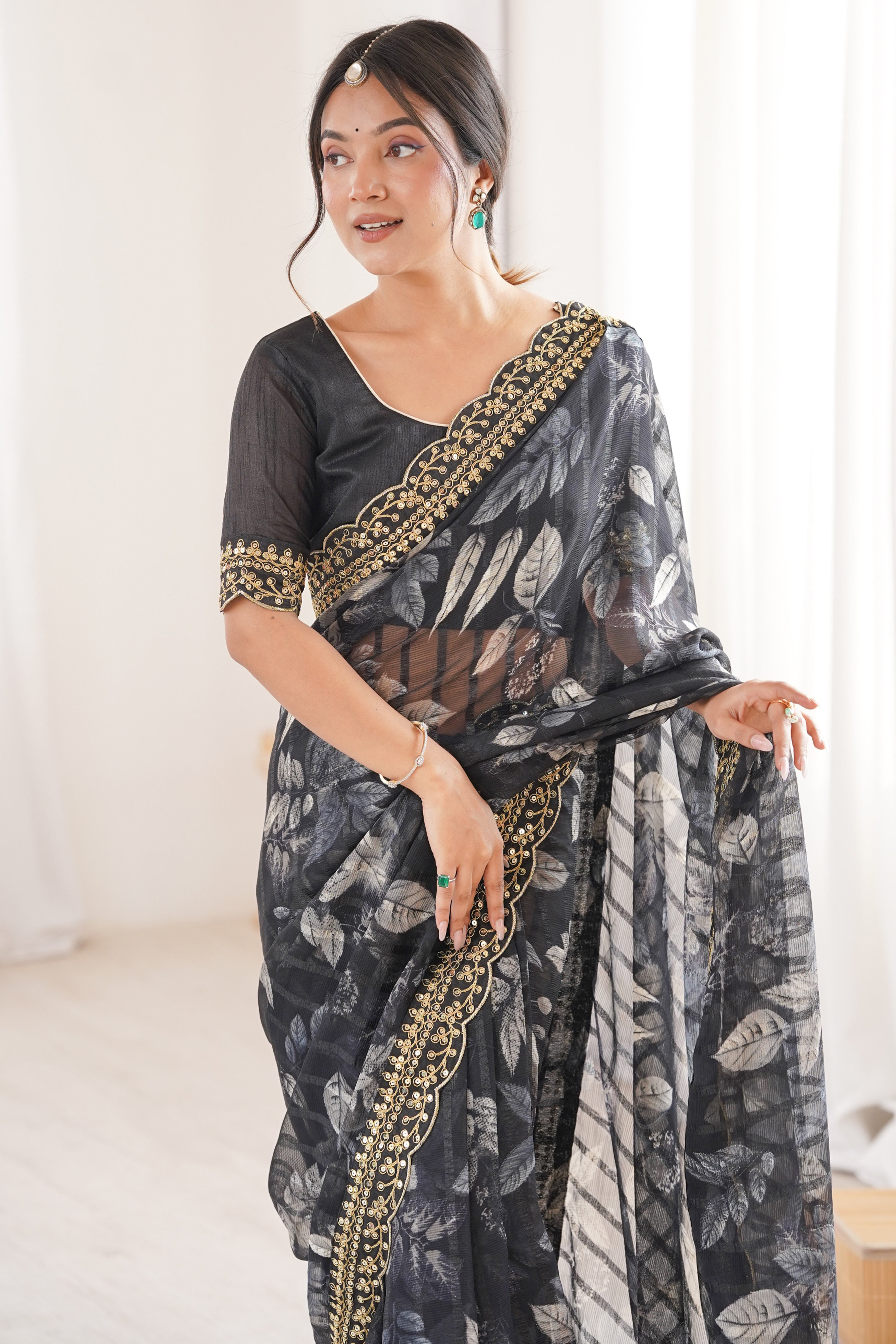 Elegant Black Leaf & Floral Print Georgette Saree With Intricate Cording Sequins Embroidery Border