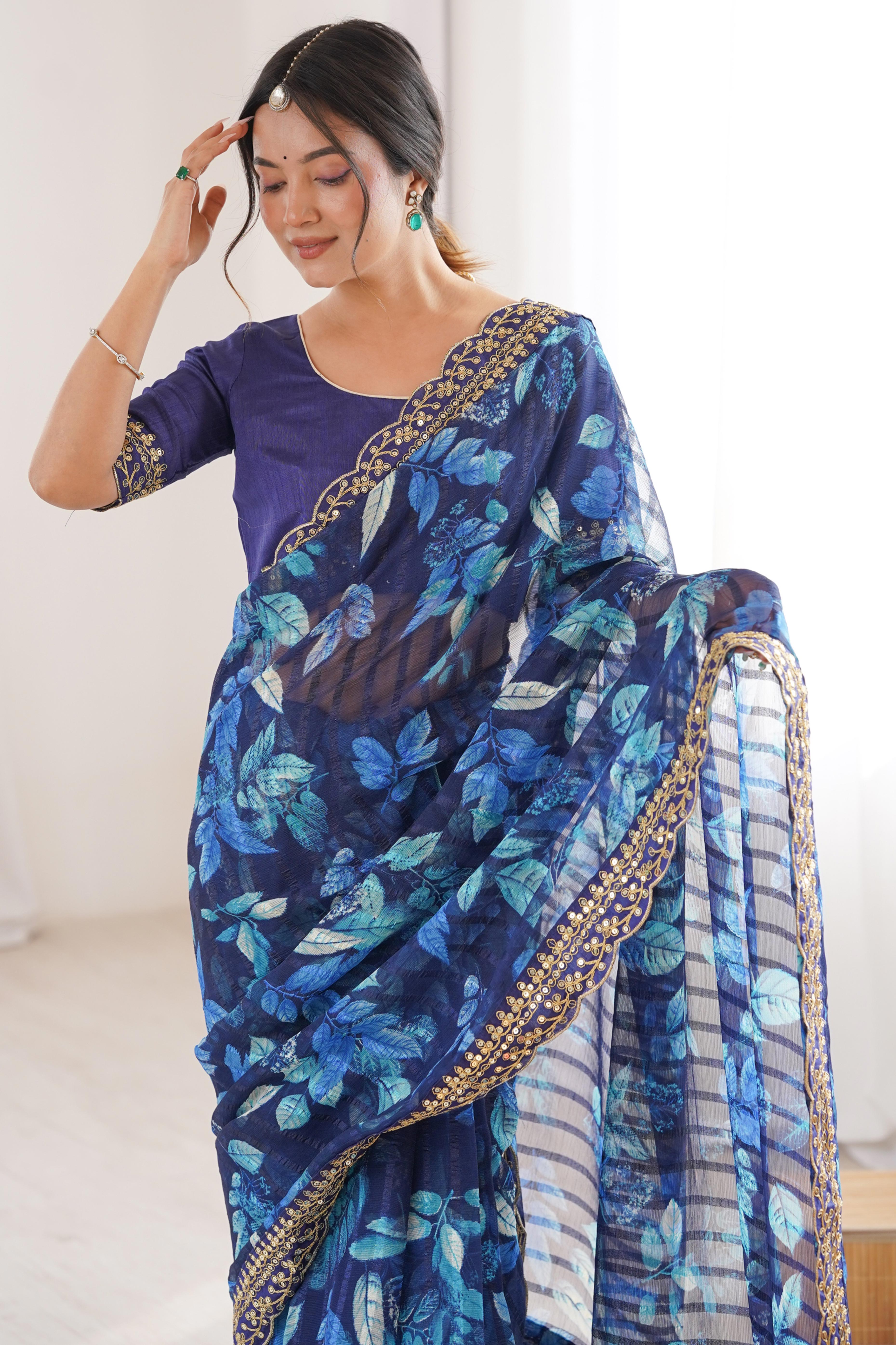 Elegant Blue Leaf & Floral Print Georgette Saree With Intricate Cording Sequins Embroidery Border