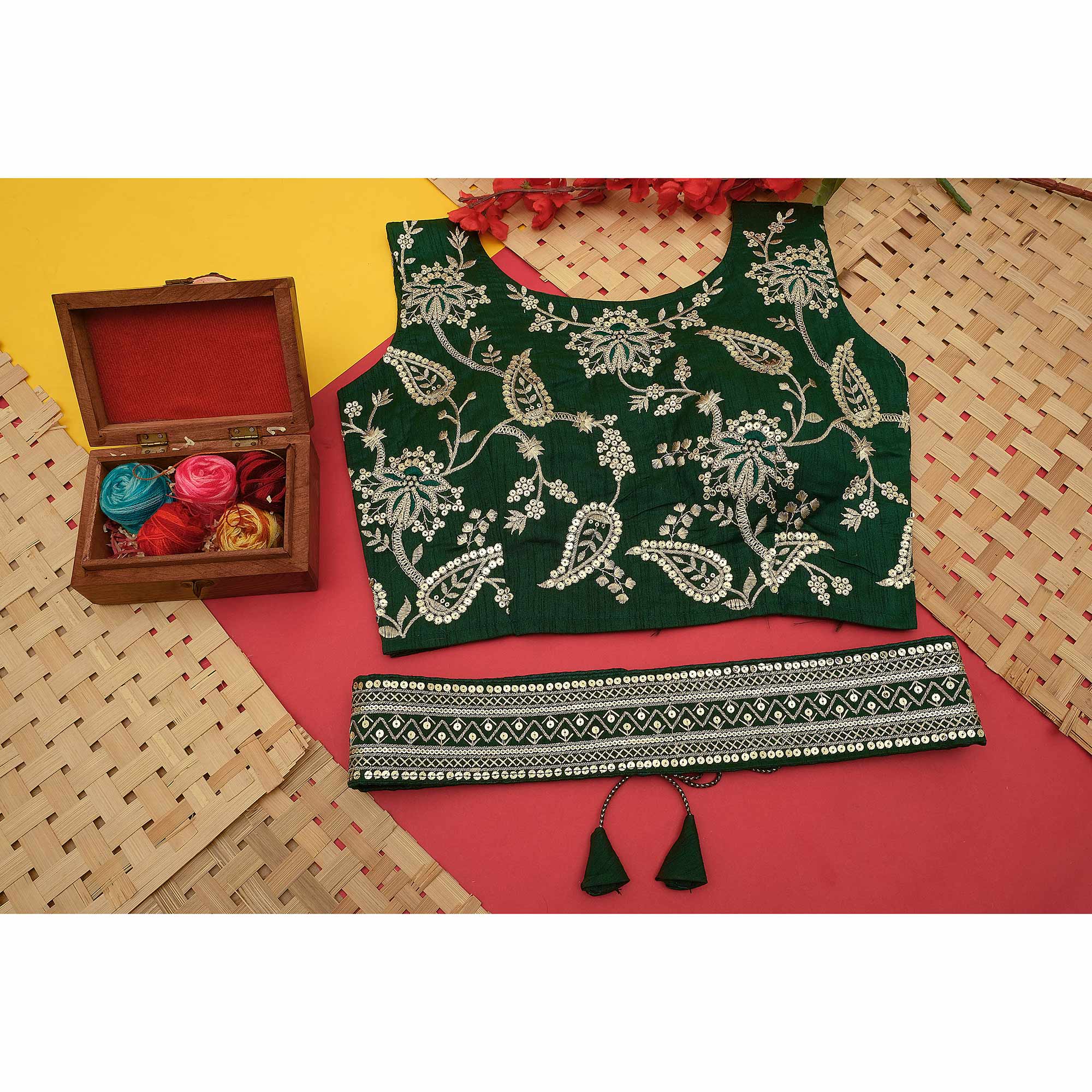 Green Foil Printed With Embroidered Border Chinon Saree