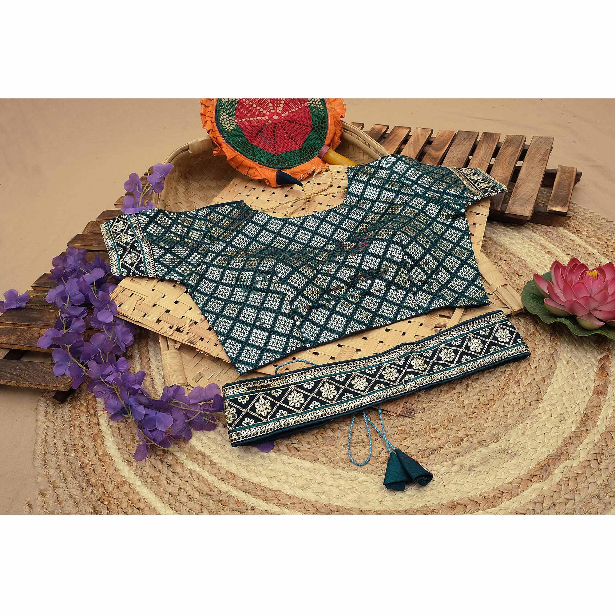 Morpich Sequins Embroidered Border Chinon Saree