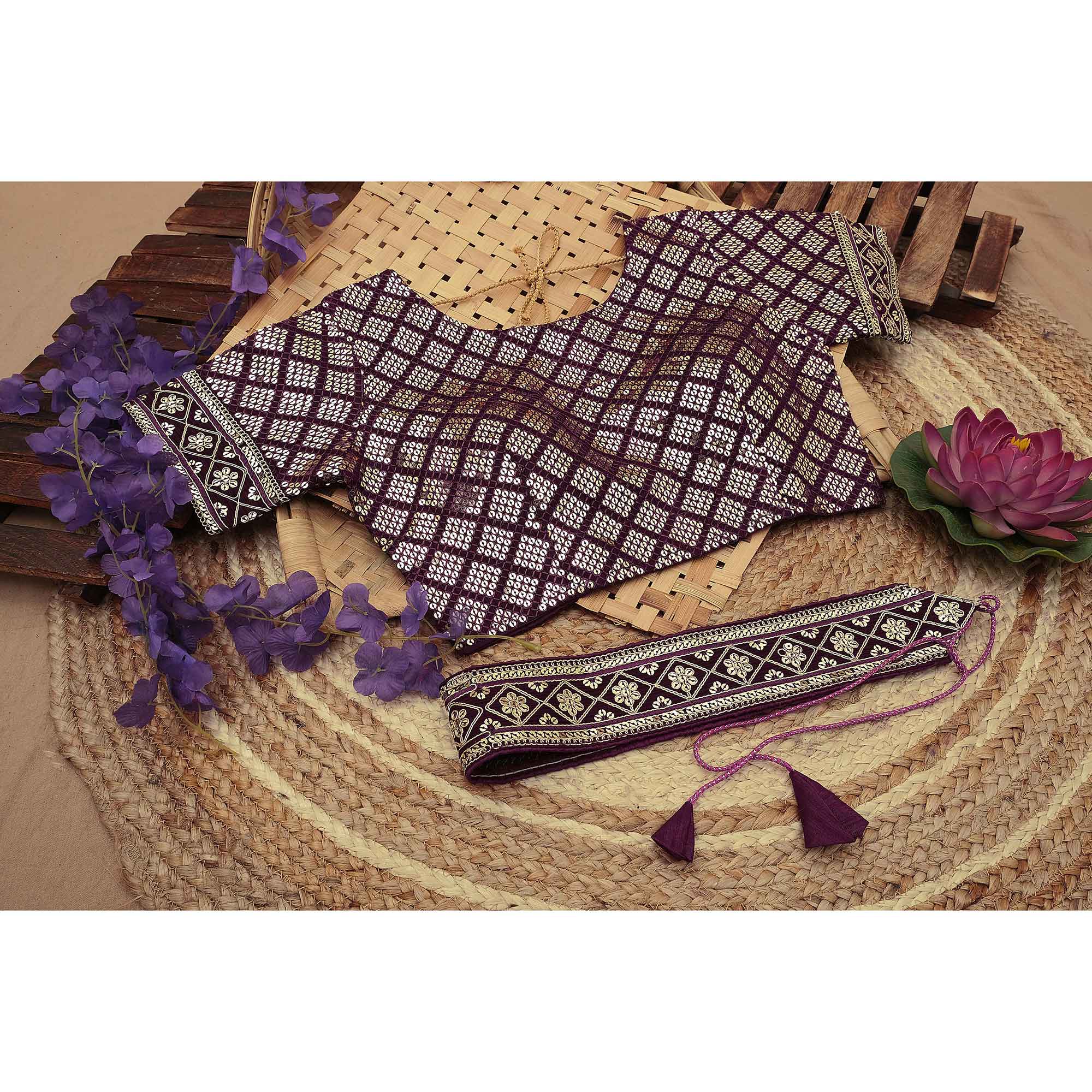 Wine Sequins Embroidered Border Chinon Saree