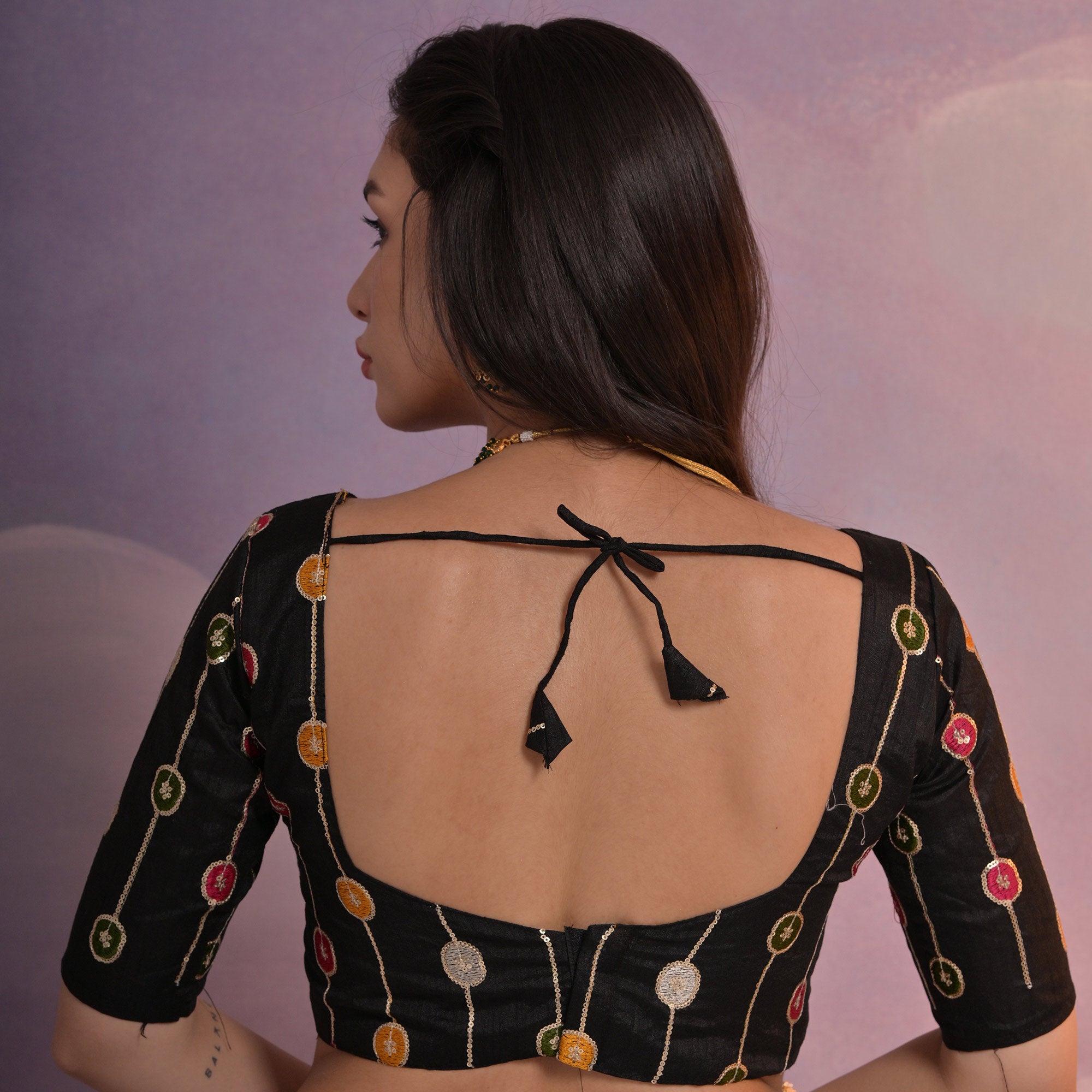 Black Floral Printed Chinon Saree With Embroidered Border