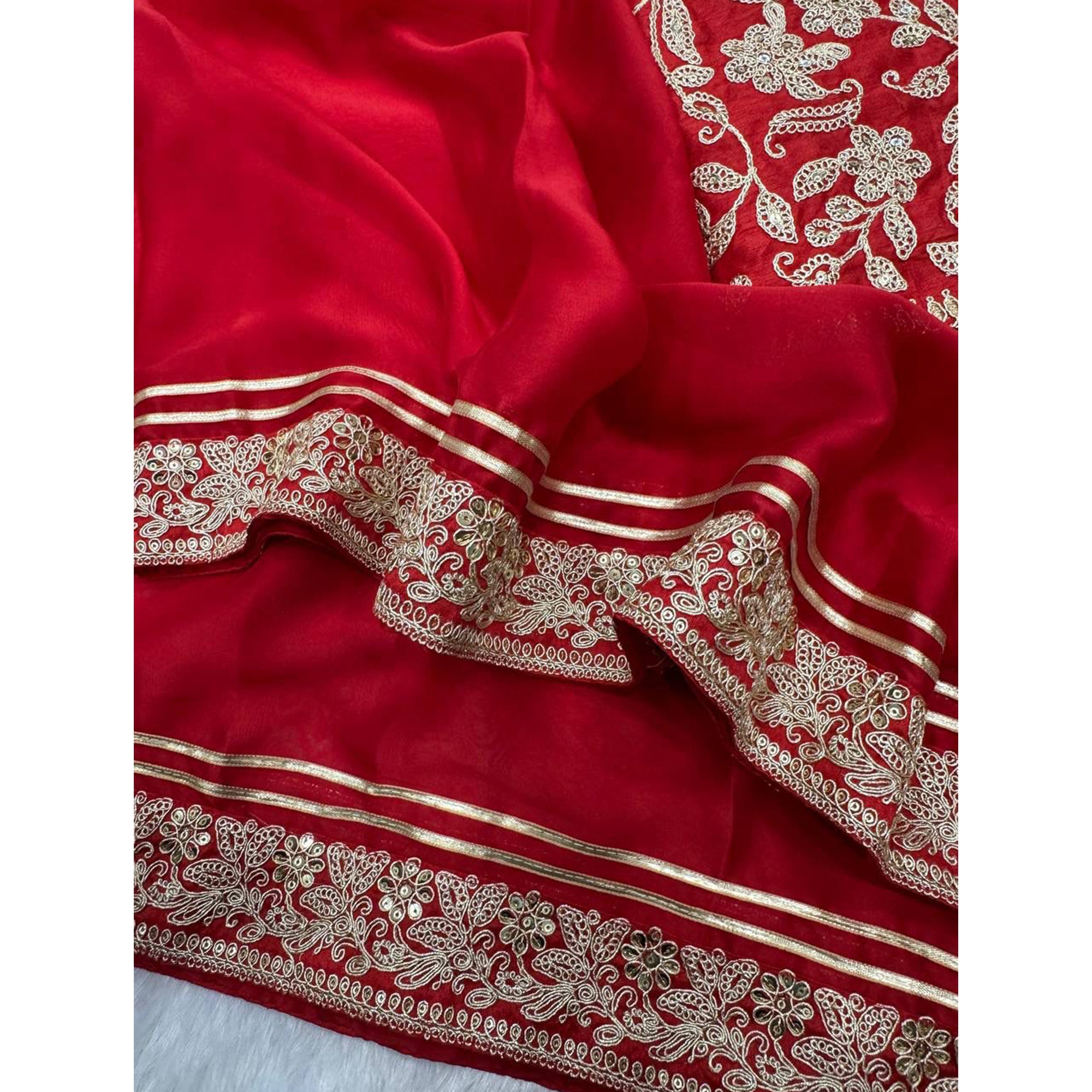 Red Partywear Silk Blend Saree Featuring Rich Silver Thread and Sequins Work