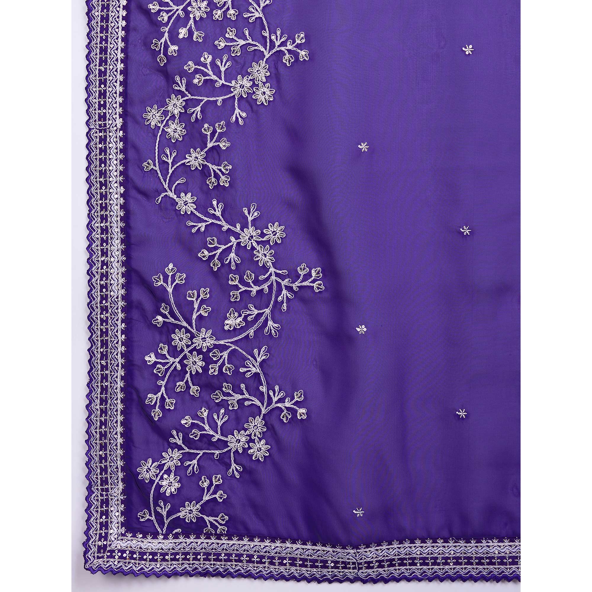 Violet Blue Floral Sequins Embroidered Organza Saree With Lace Border
