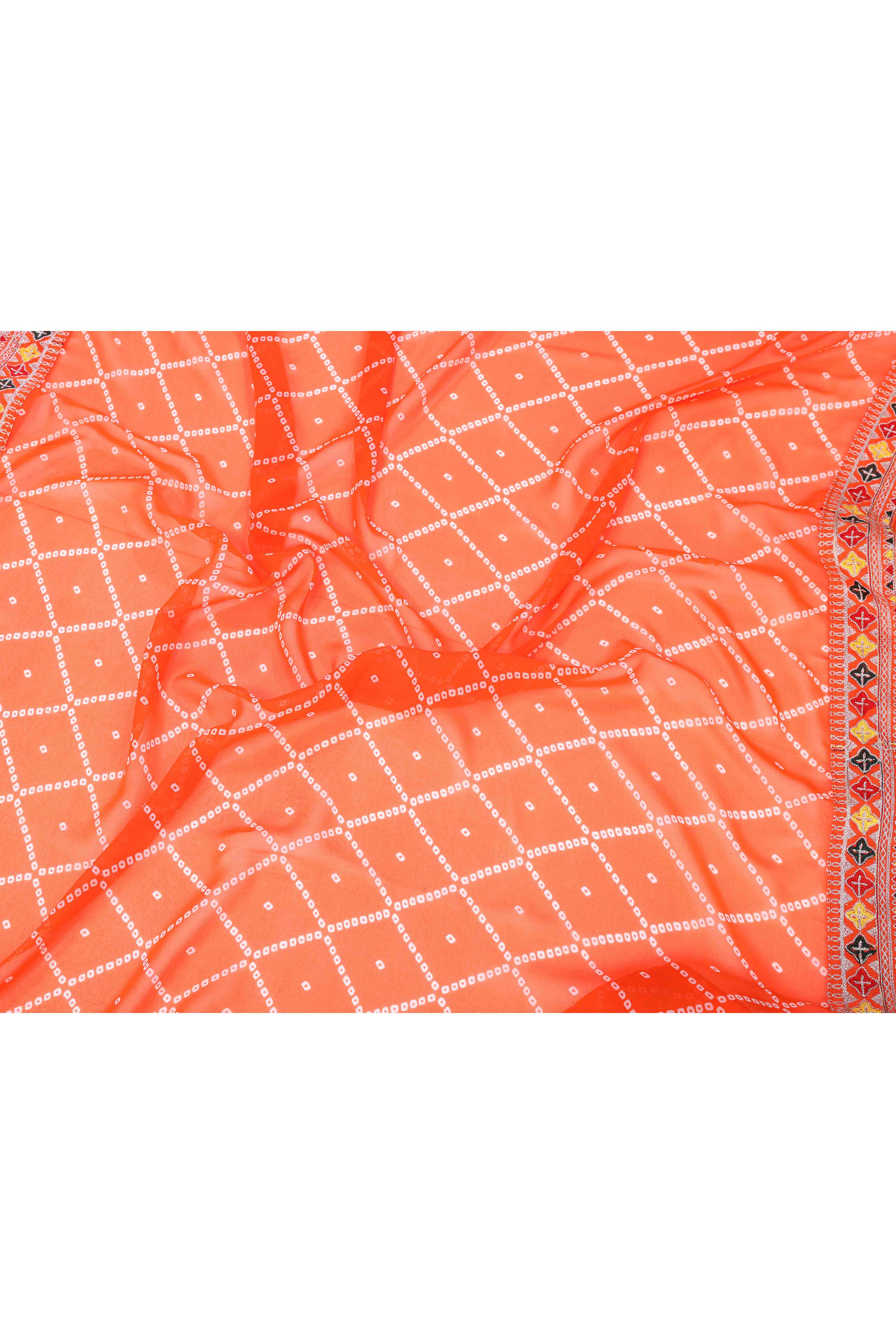Orange Bandhani Printed Georgette Saree Framed With Elegant Embroidered Border