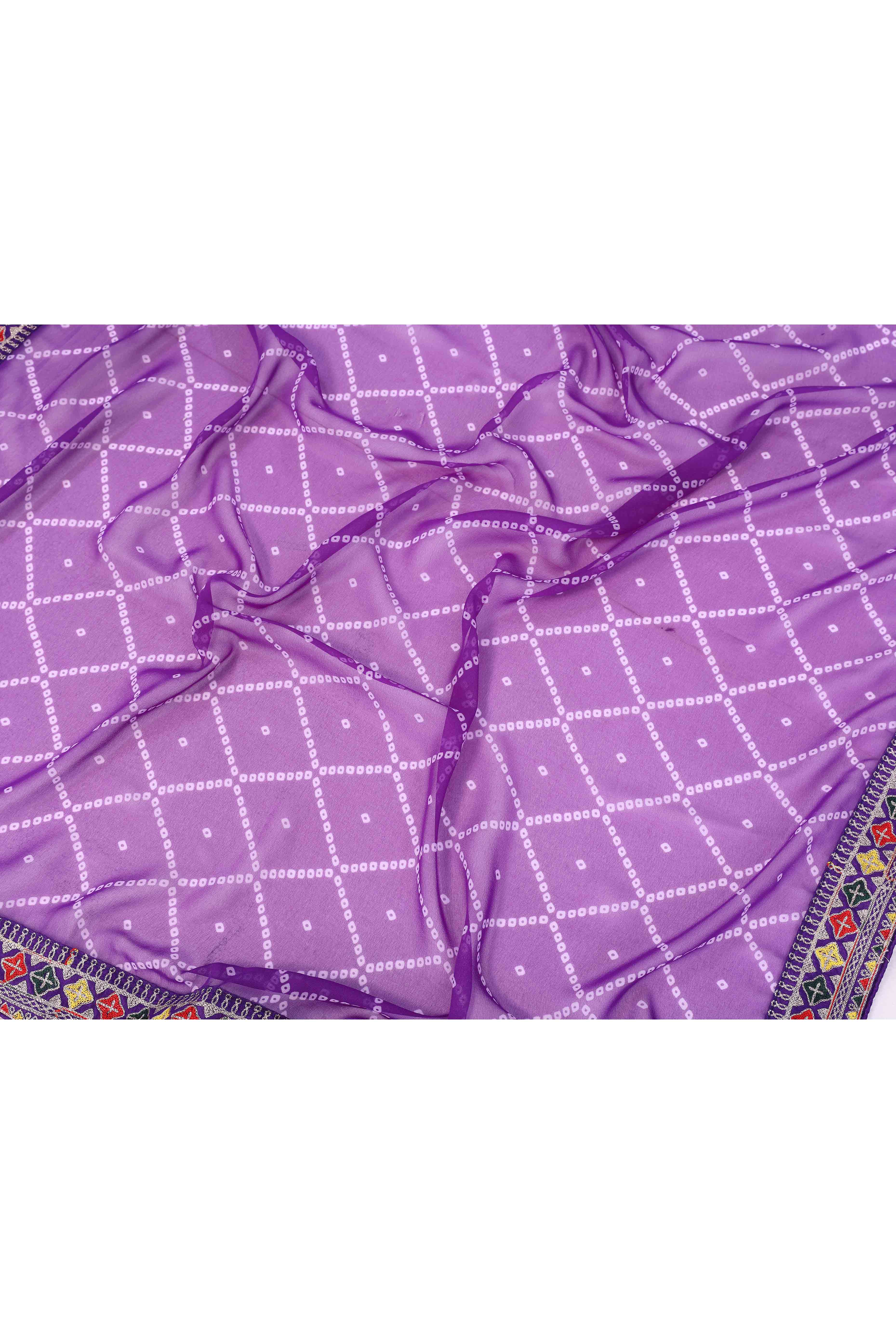 Purple Bandhani Printed Georgette Saree Framed With Elegant Embroidered Border