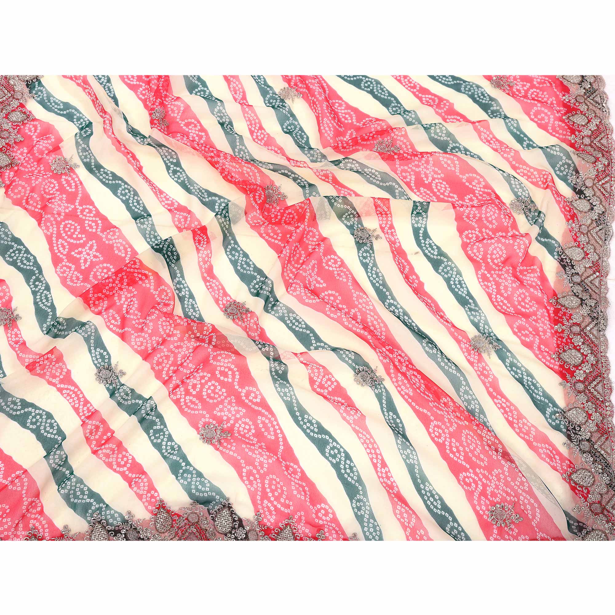 9Multicolor Georgette Saree Showcasing Bandhani Print & Delicate Floral Sequins Embroidery