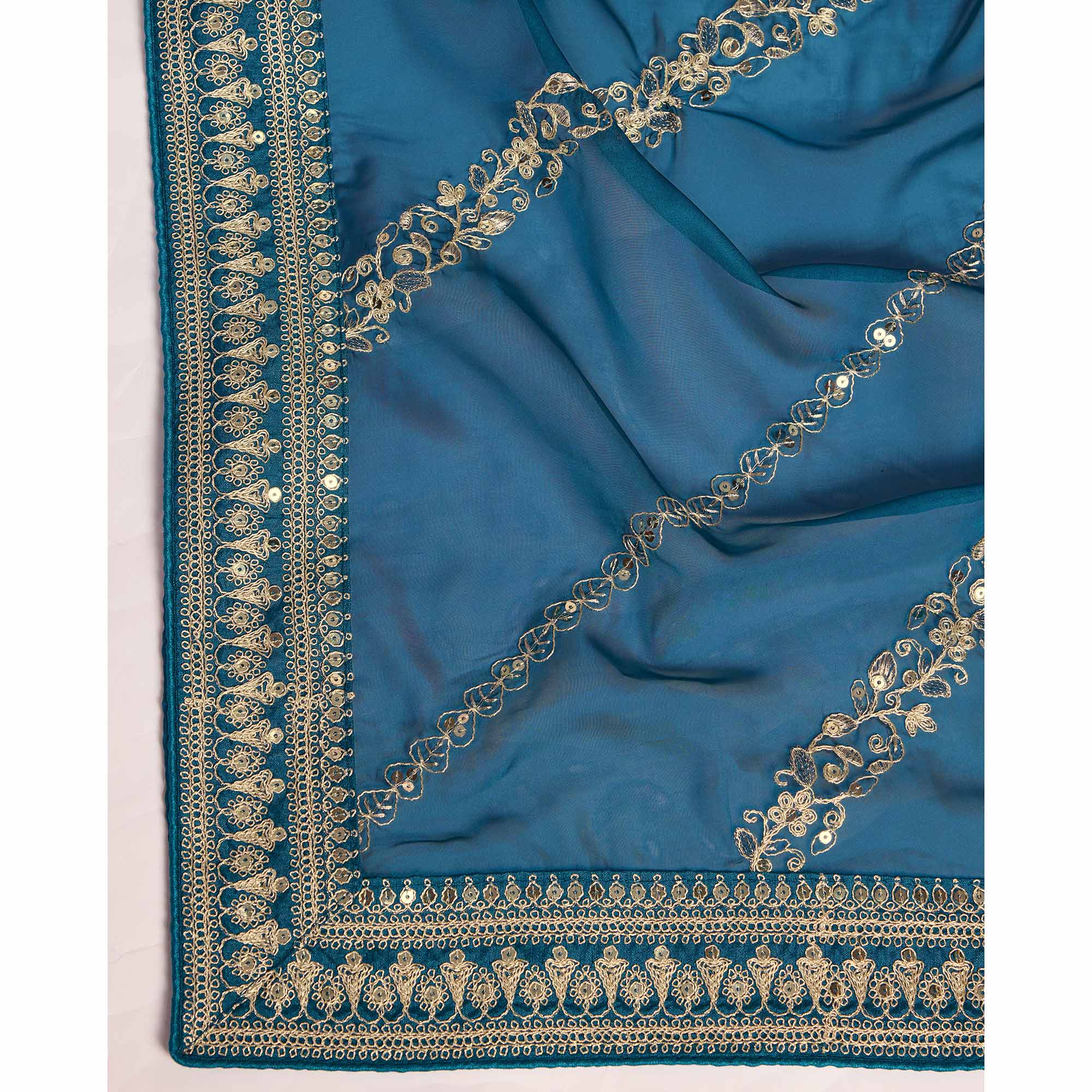 Blue Floral Sequins Embroidered Organza Saree