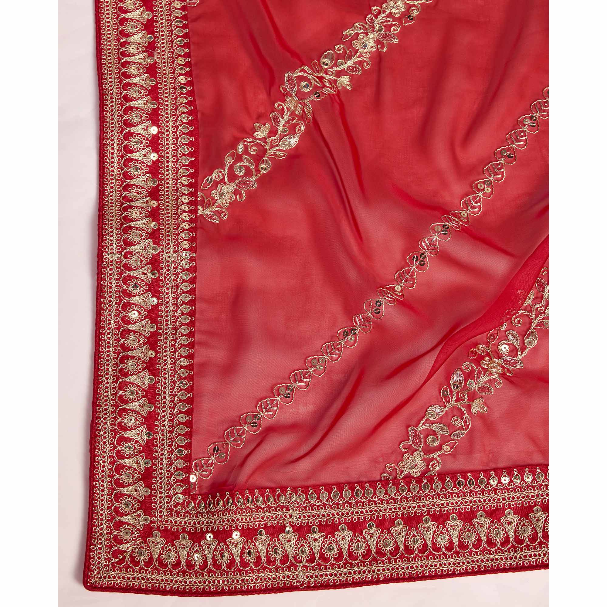 Red Floral Sequins Embroidered Organza Saree