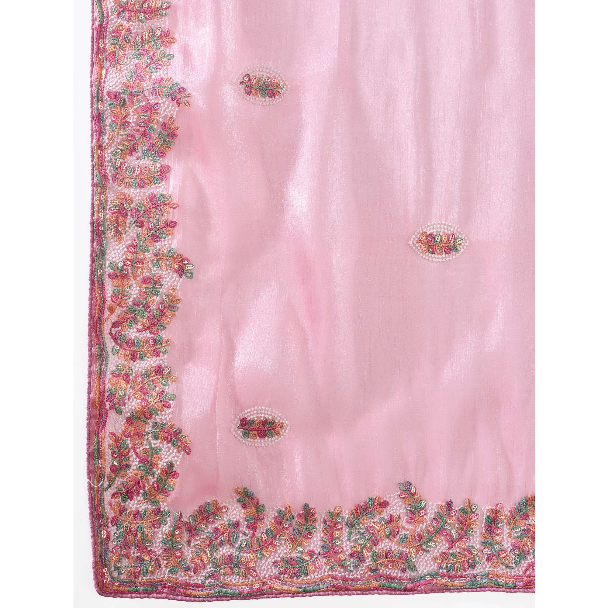 Baby Pink Floral Sequins Embroidered Mulberry Silk Saree